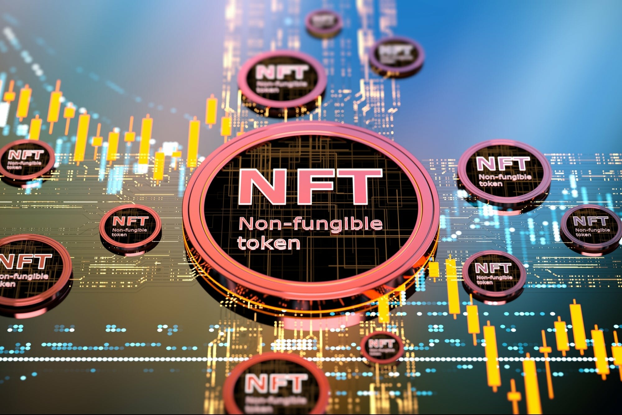 NFT: Non-fungible token, Crypto, Technology. 2000x1340 HD Background.