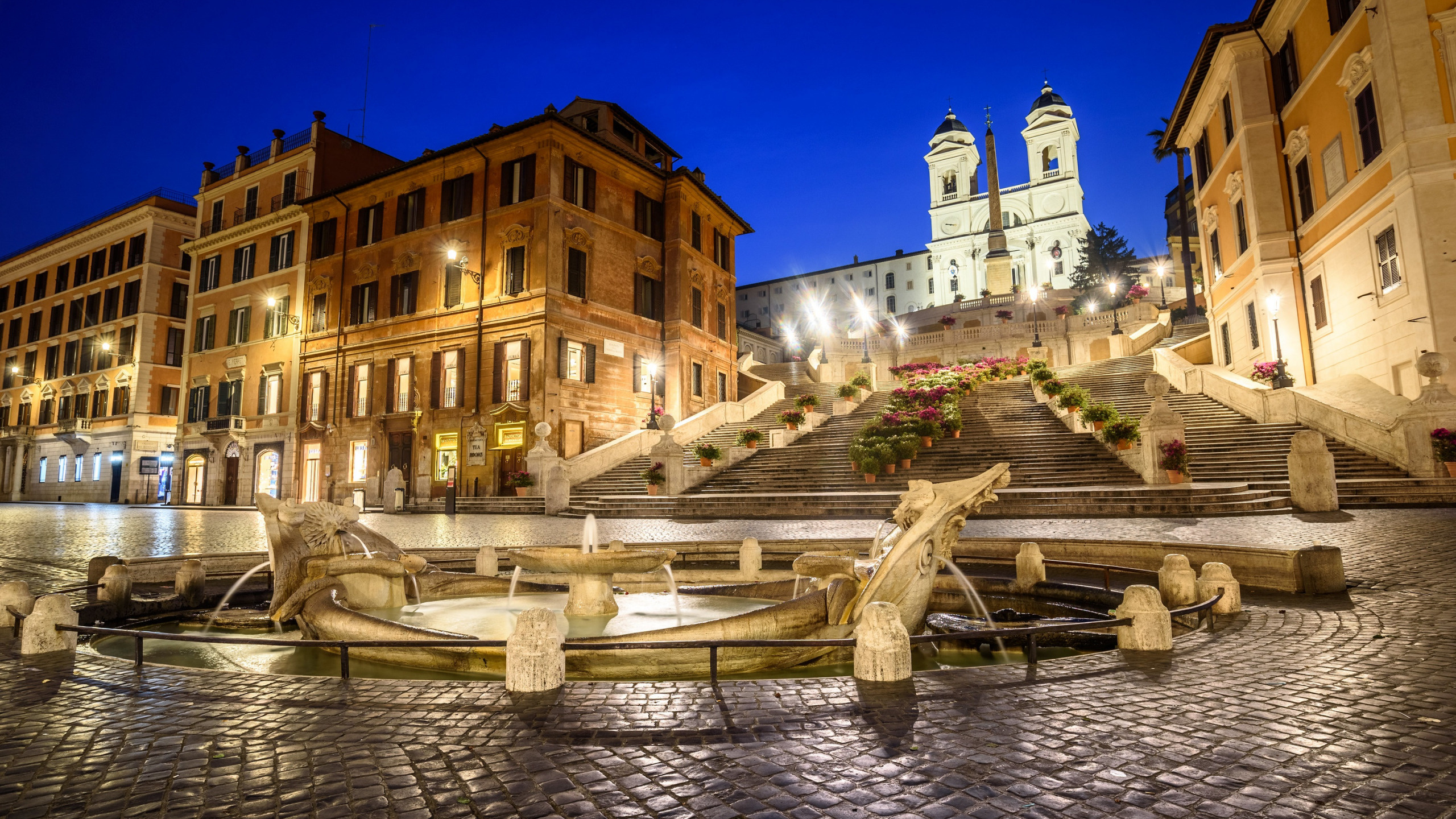 Spanish Steps, Rome's lights, Fountain of the Old Boat, City atmosphere, 2560x1440 HD Desktop