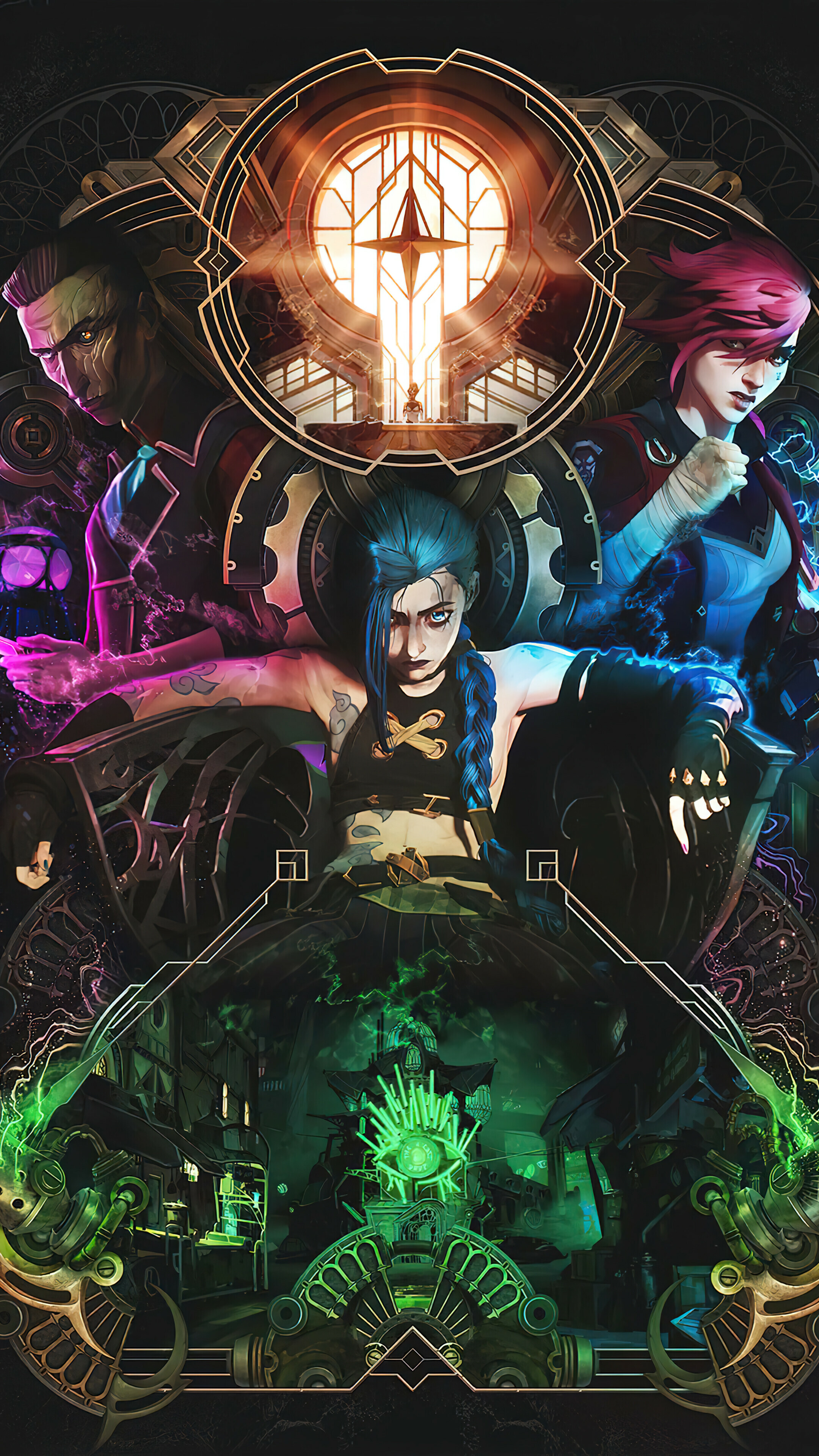 Arcane: League of Legends: The story follows the origins of two iconic League champions, Vi, Jinx. 2160x3840 4K Background.