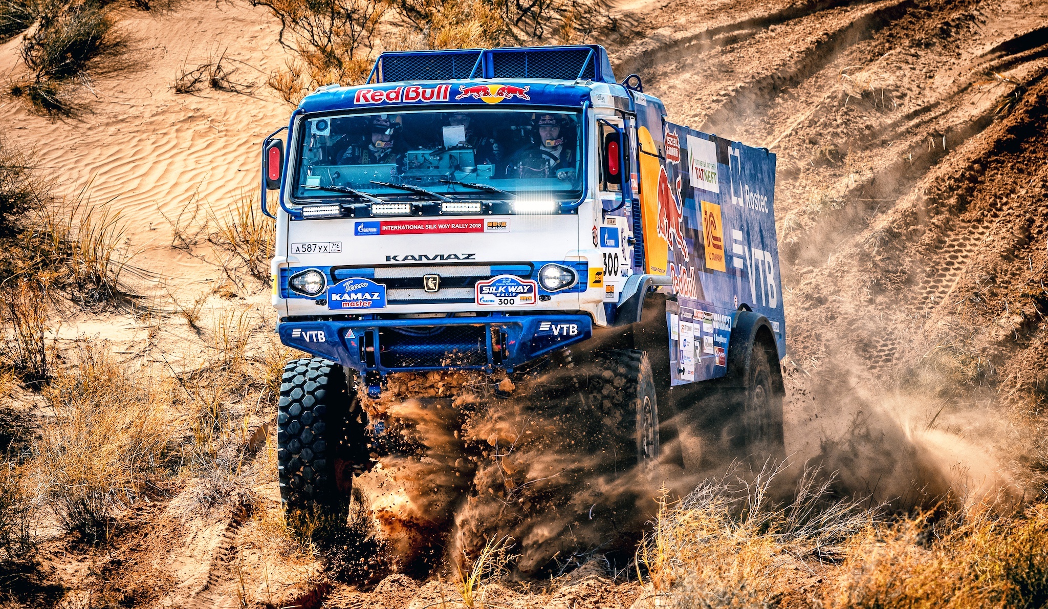 Rally Raid: Kamaz, Russian Racing Team, International Silk Way Rally, TatNeft, 2018, Dakar Race. 2050x1190 HD Background.