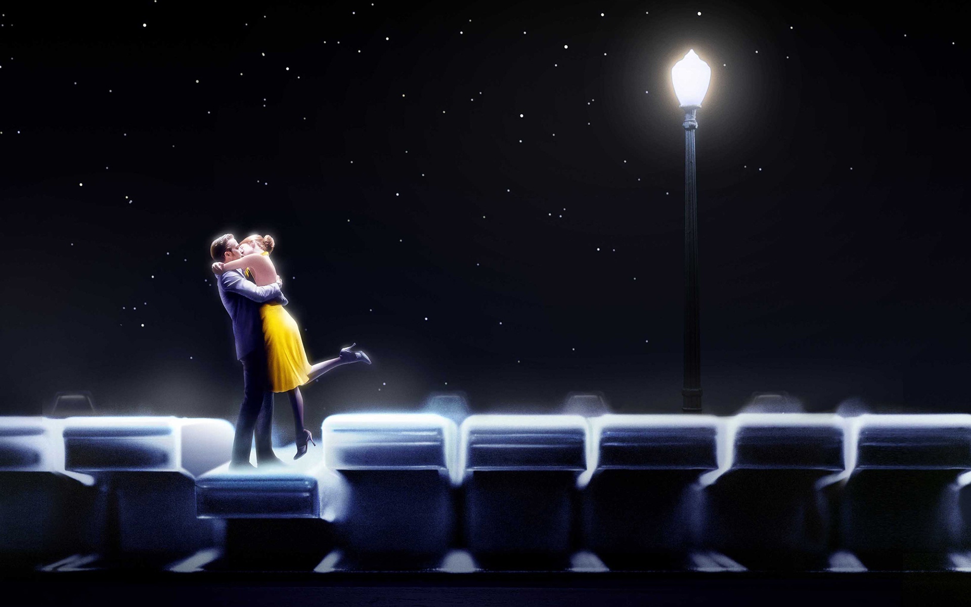 Ryan Gosling, Romantic movie poster, La La Land kiss, Night scene, 1920x1200 HD Desktop