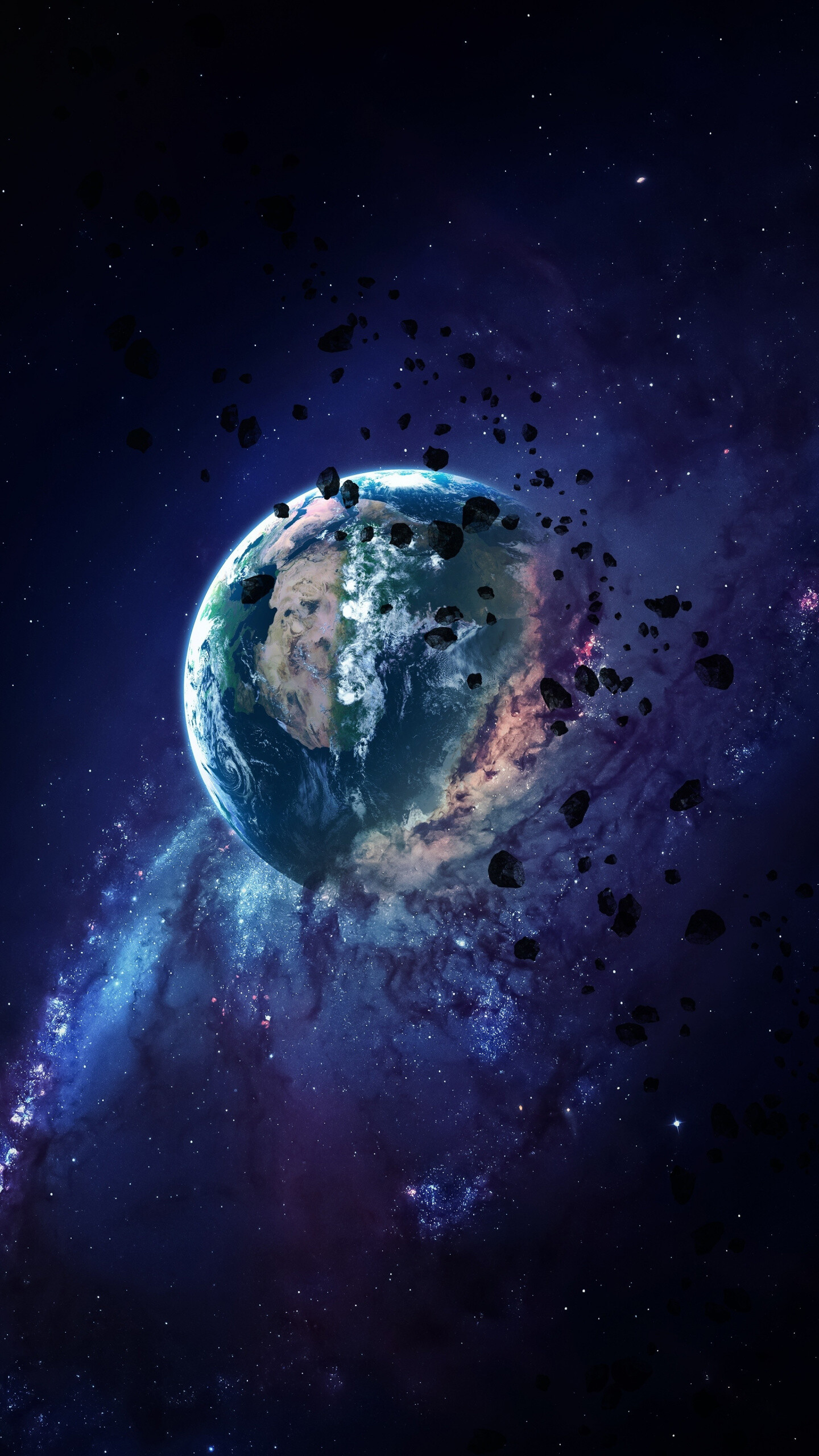 Earth and asteroids, Planetary collision, Space debris, Apocalyptic scenario, 1440x2560 HD Phone