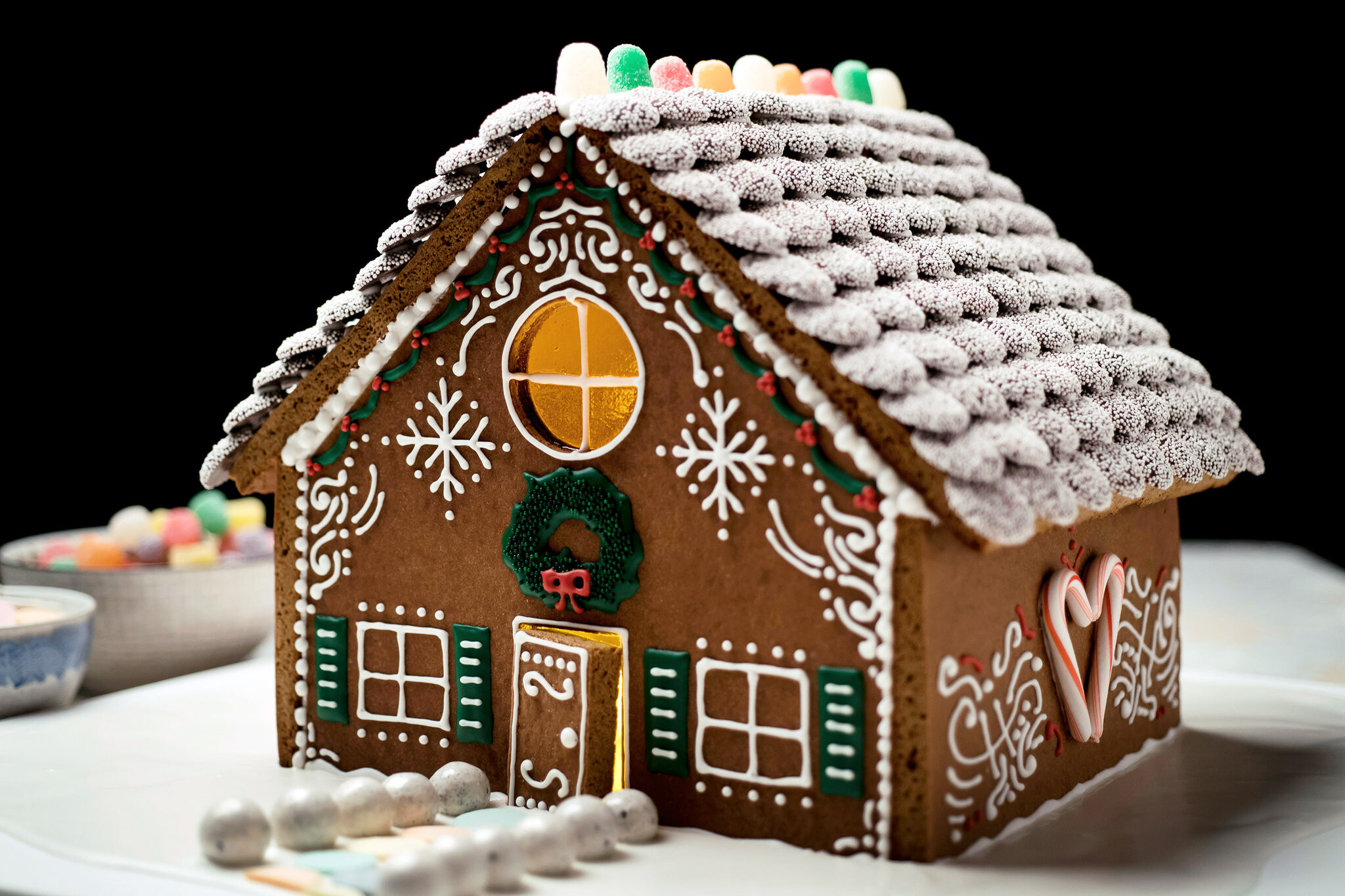 Gingerbread House: House decorated with royal icing and candies, Sprinkles, Edible pearls, Christmas ornaments. 2050x1370 HD Background.