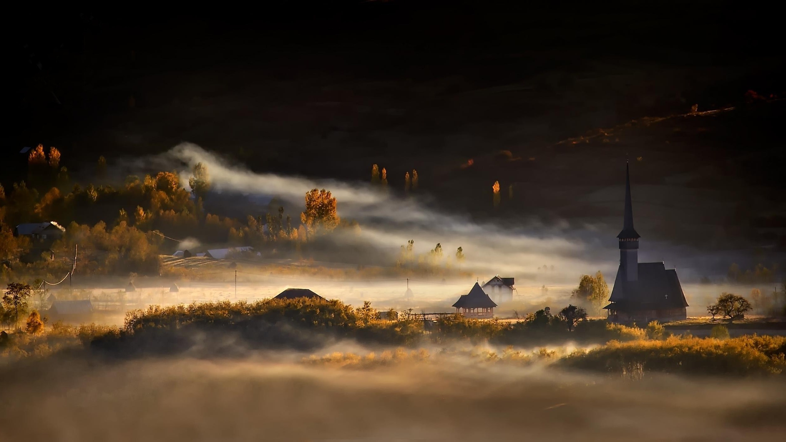 Nature landscape, Mist morning, Village trees, Sunrise fall, 2500x1410 HD Desktop