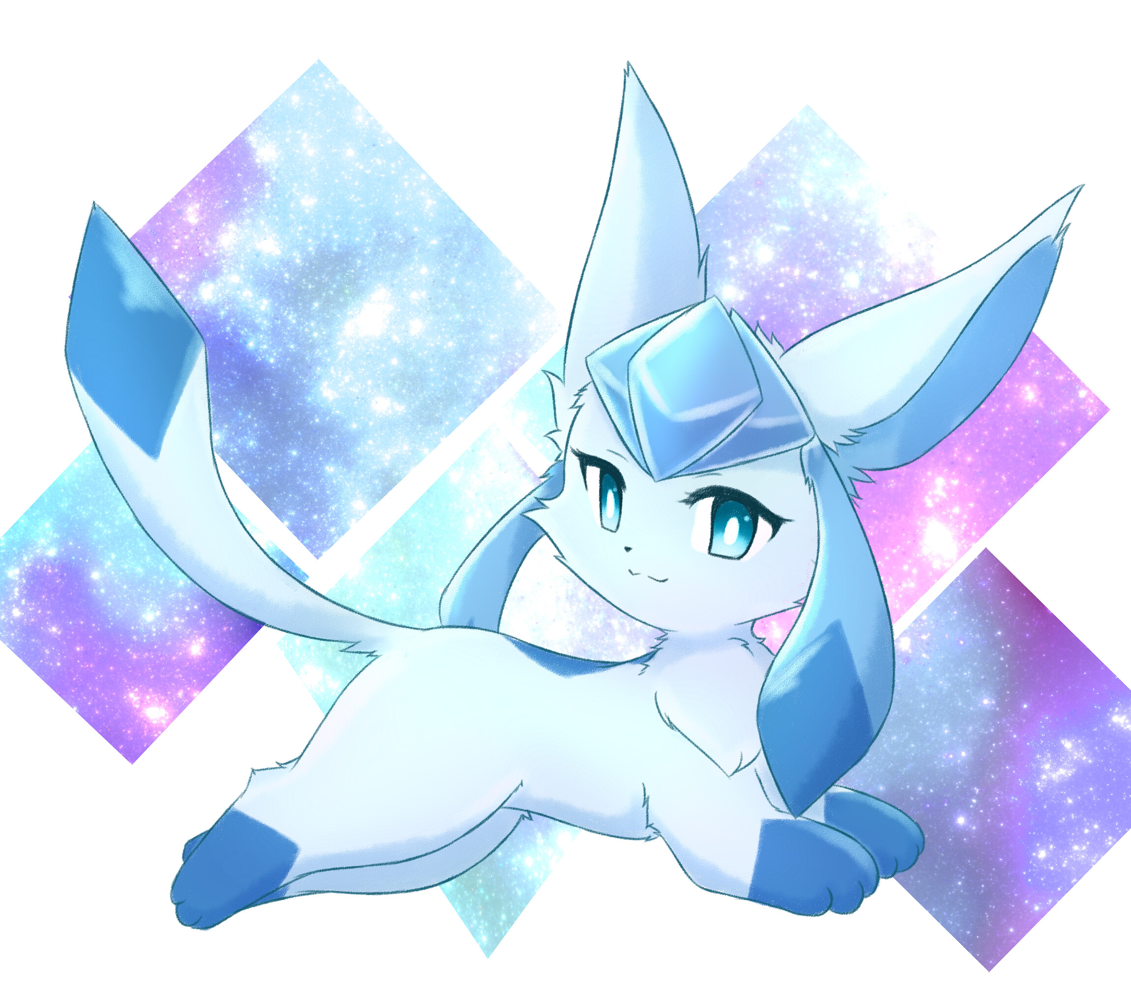 Glaceon: Tail and ears in a darker shade of blue, Cerulean blue cap-like feature on the forehead. 2300x2000 HD Background.