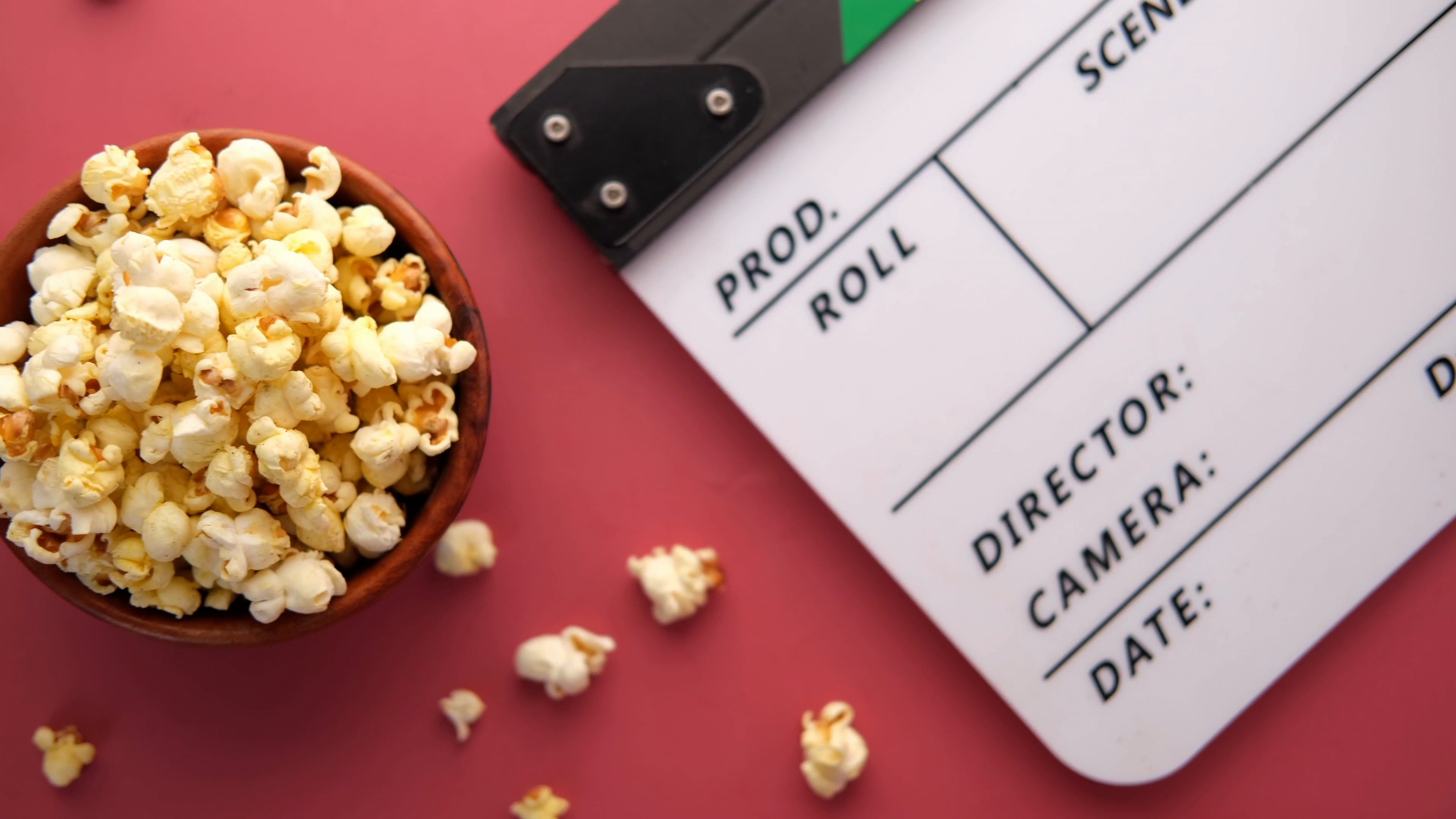 Clapperboard, Bowl of popcorn, Free stock video, 3840x2160 4K Desktop