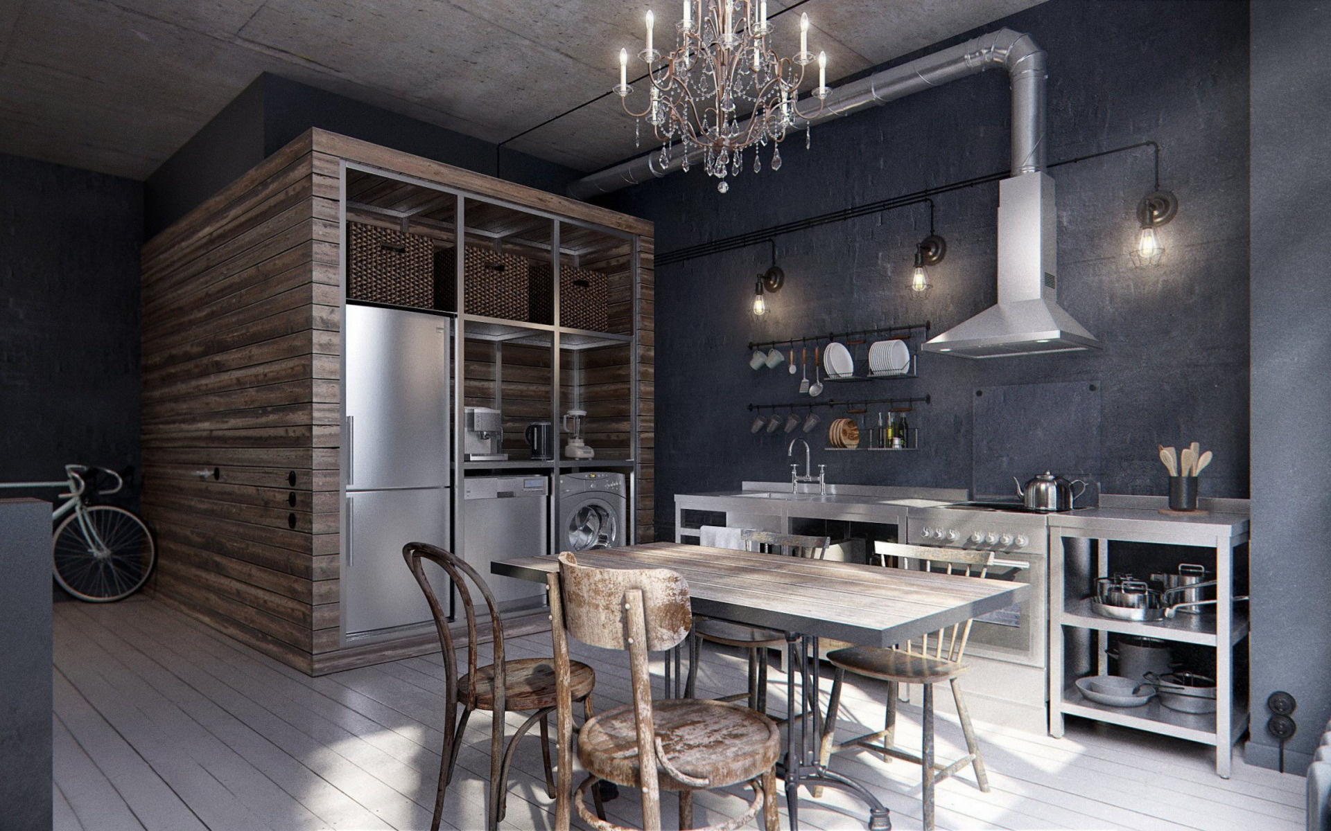 Stylish interior design, Industrial loft style, Black concrete walls, Kitchen inspiration, 1920x1200 HD Desktop