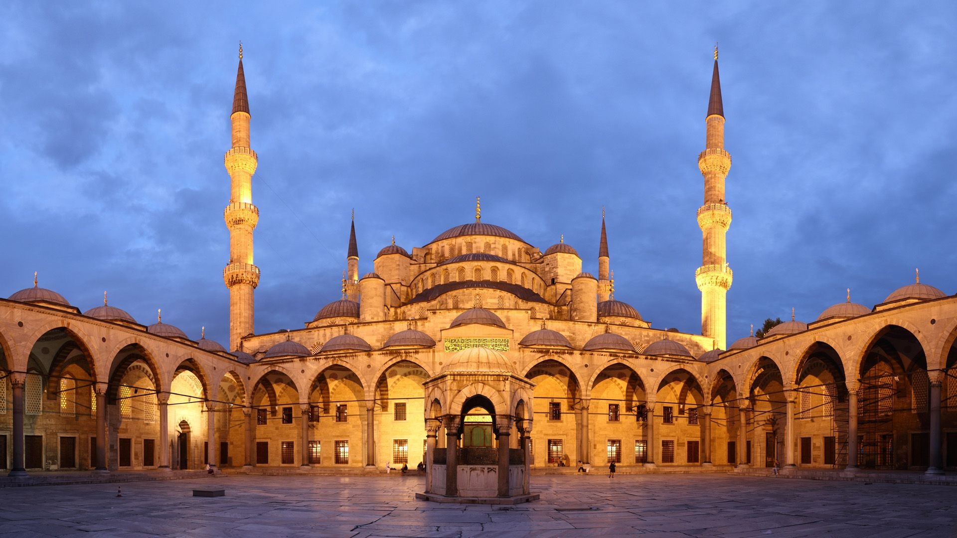 Blue Mosque Courtyard Dusk, Istanbul, Sultan Ahmed Mosque, Visit, 1920x1080 Full HD Desktop