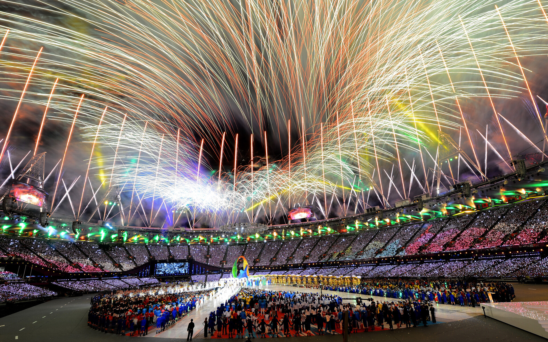Olympics celebration, Fireworks, People in action, Festive atmosphere, 1920x1200 HD Desktop