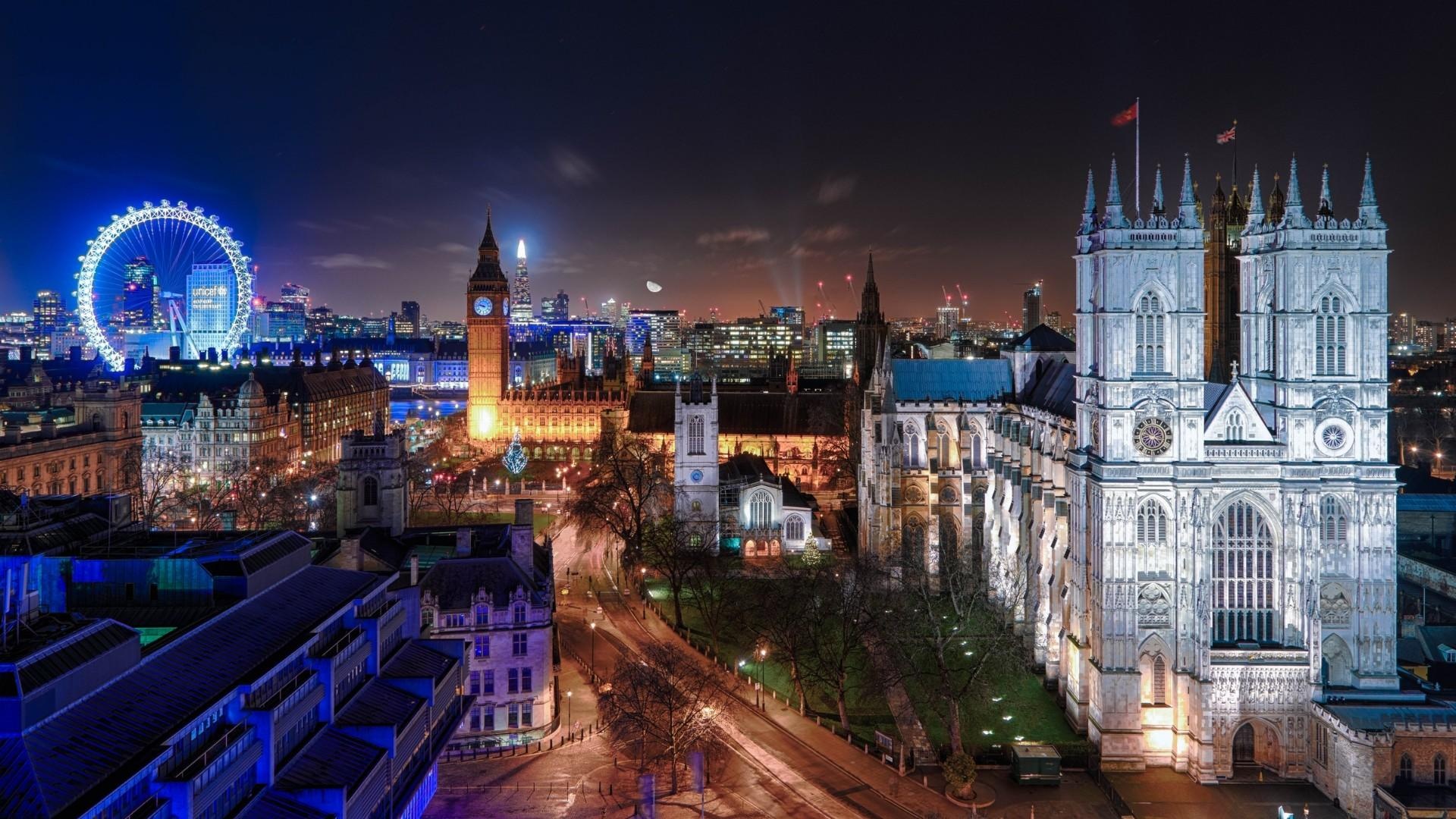 London: Westminster Abbey, Night city, Metropolis. 1920x1080 Full HD Wallpaper.