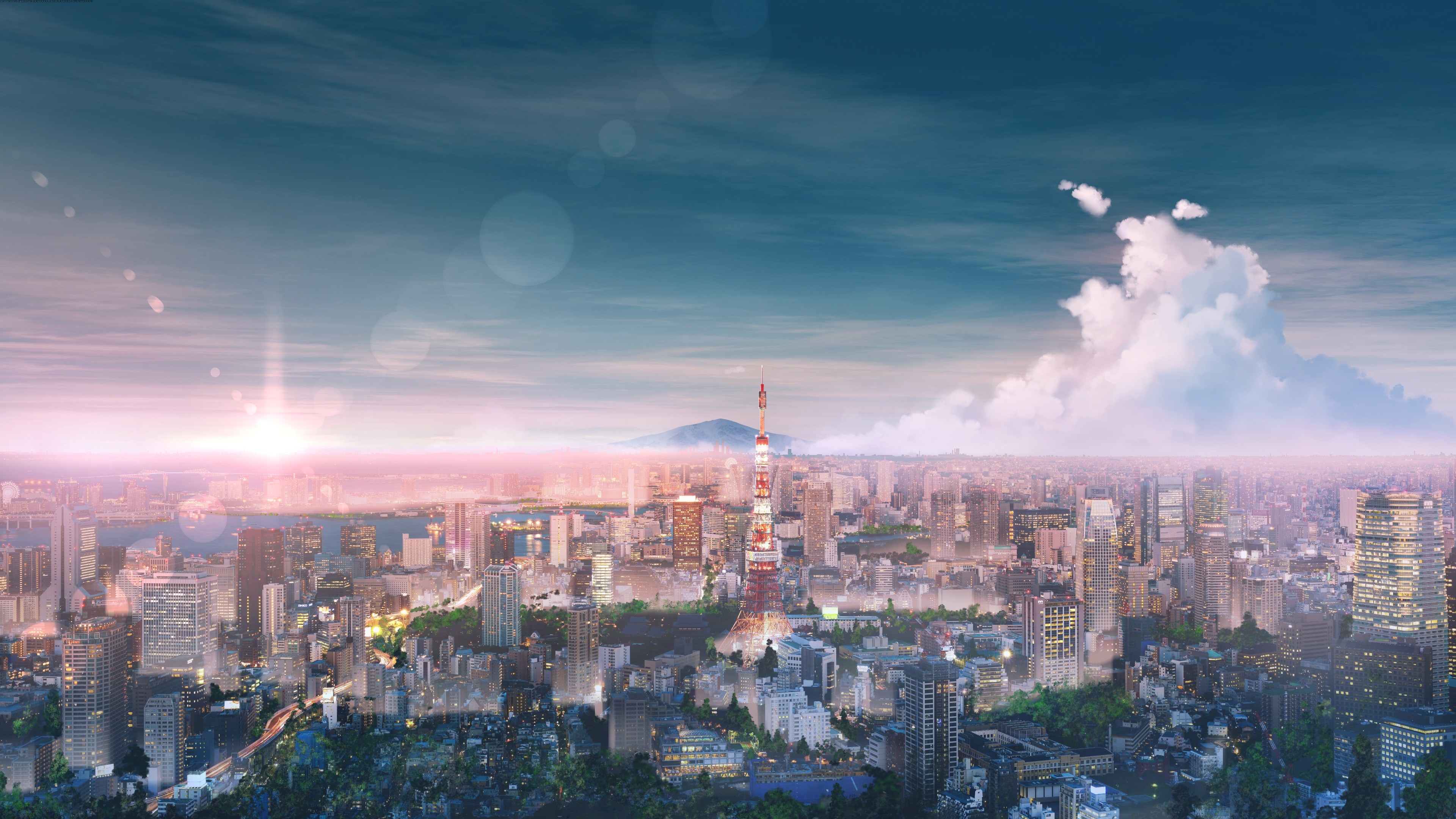 Cityscape: Tokyo in the style of Japanese anime, Skyscrapers at the sunset, Tokyo Tower. 3840x2160 4K Background.