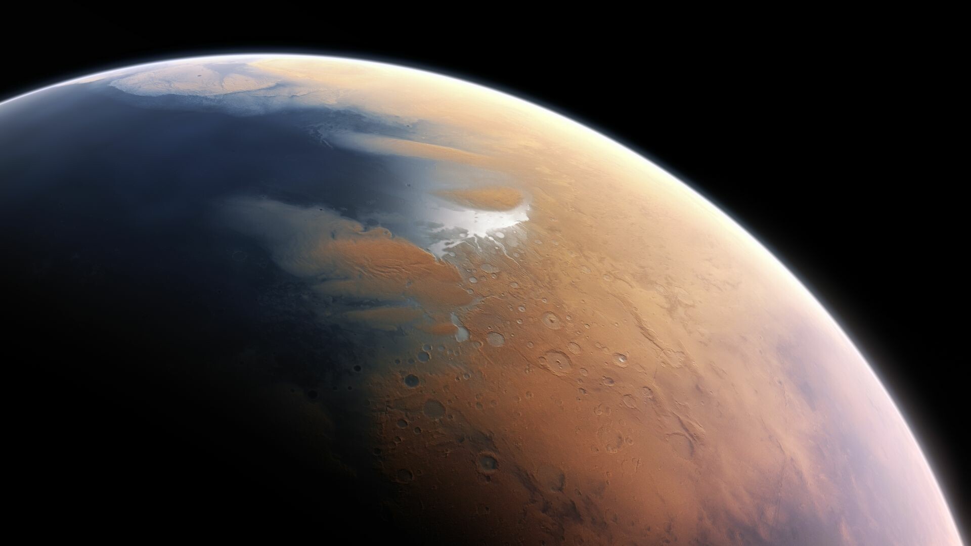Planet: Mars surface features such as impact craters, valleys, dunes and polar ice caps. 1920x1080 Full HD Background.
