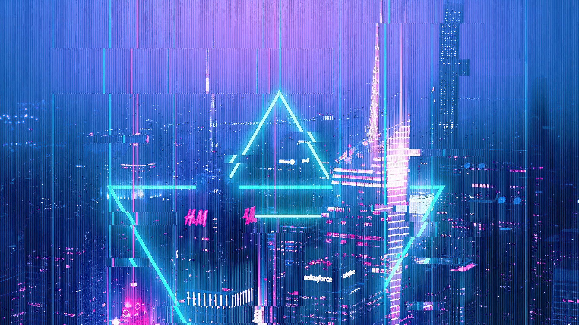 Glitch: Abstract city, Neon equilateral triangles, Acute angles, Parallel lines. 1920x1080 Full HD Wallpaper.