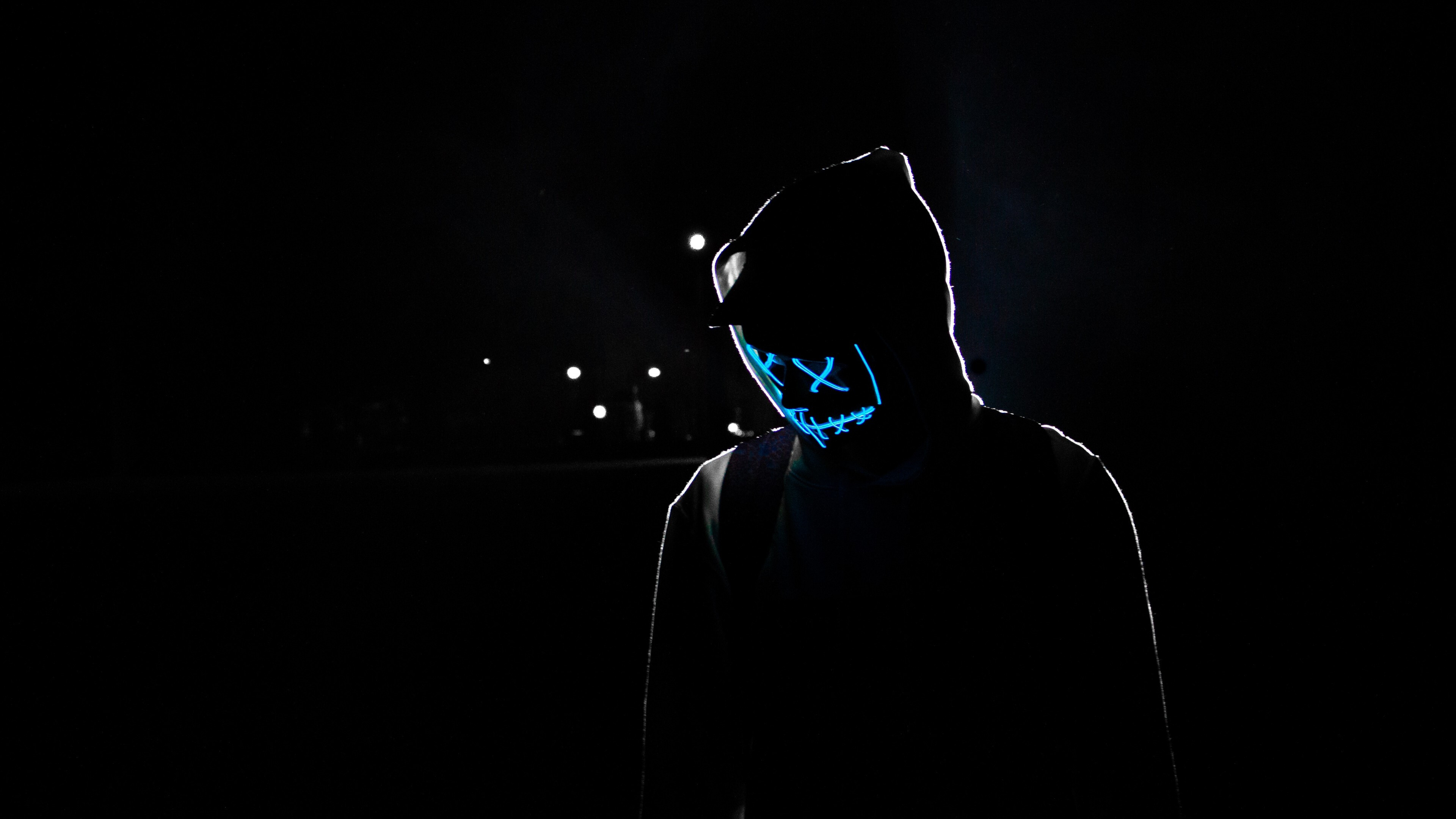 Glow in the Dark: Light-emitting mask, Fluorescent figure, Neon lights, Creepy. 3840x2160 4K Wallpaper.