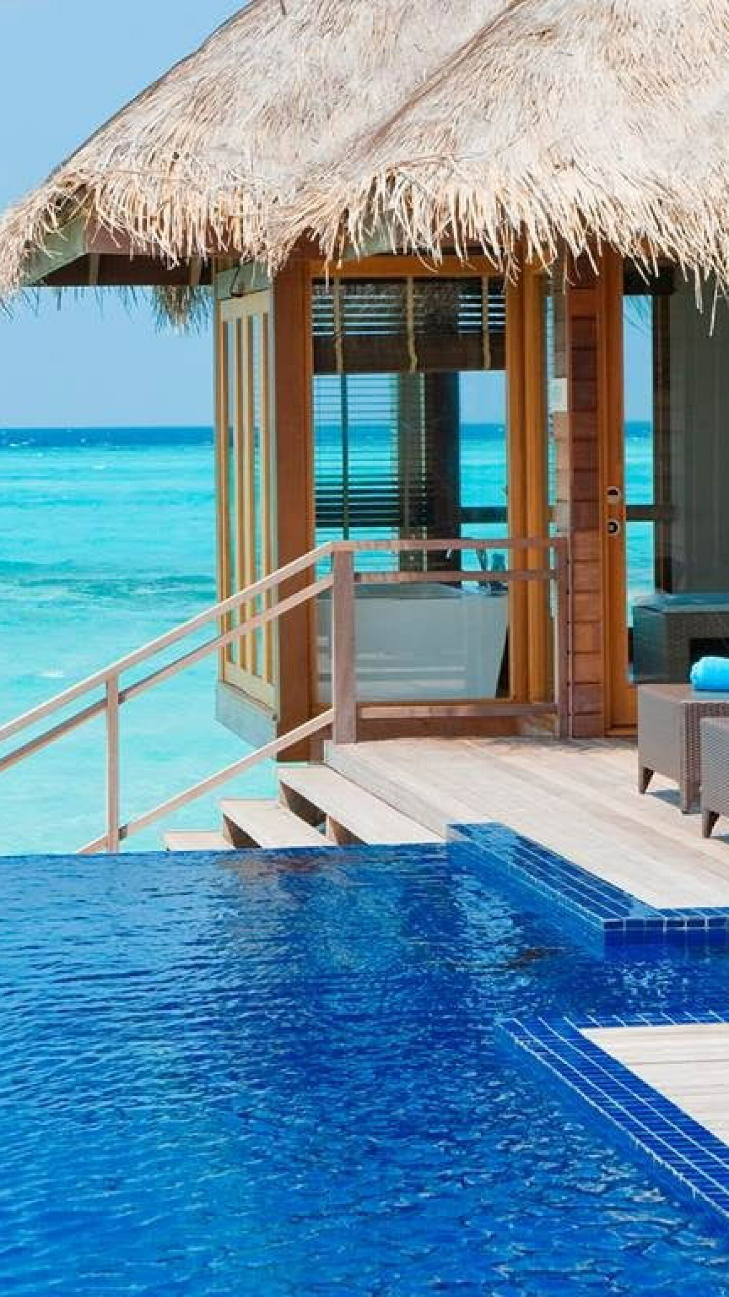 Brown wooden floating, Cottage Maldives resort, Serene escape, Idyllic beauty, 1440x2560 HD Phone