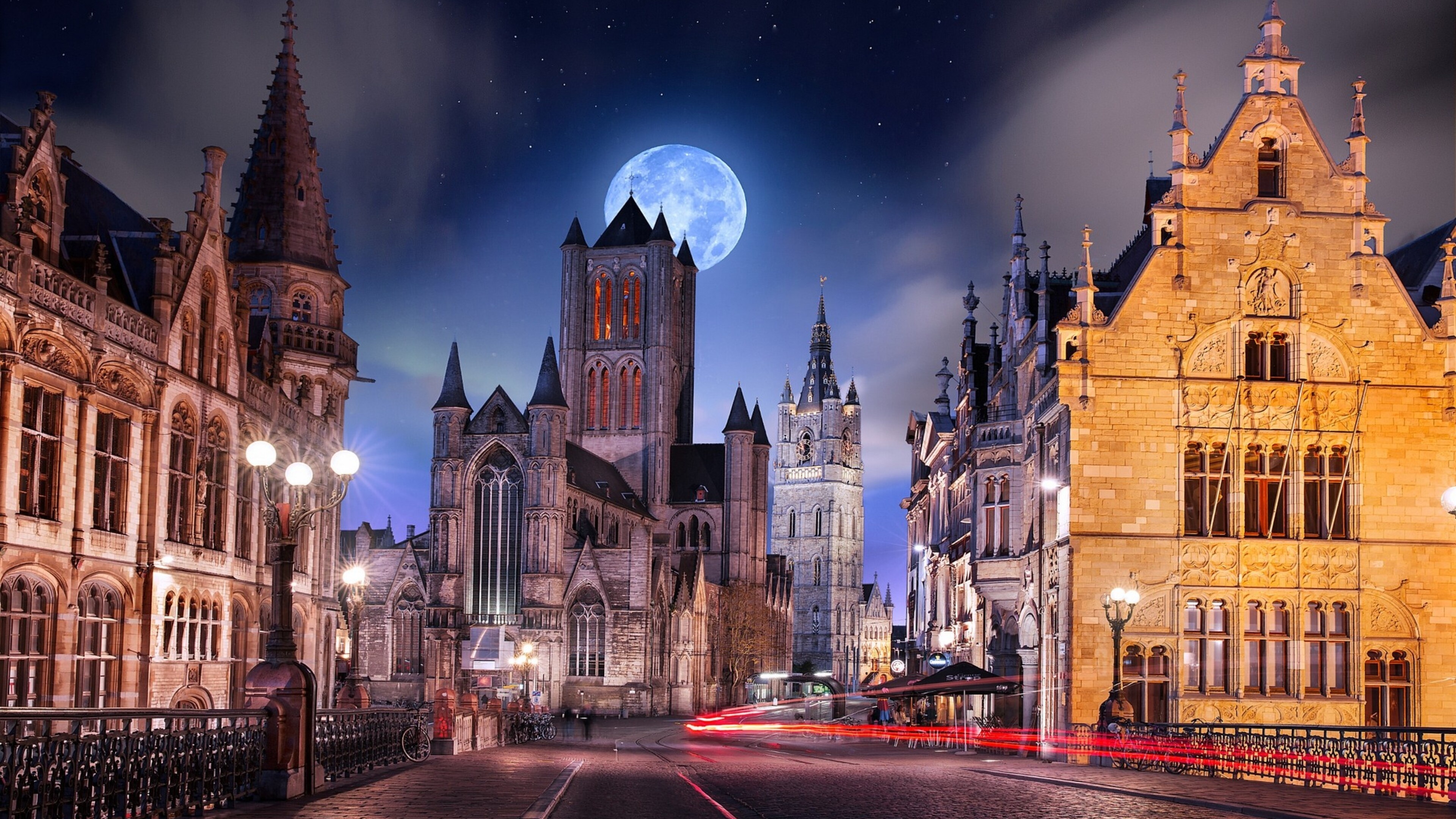 Gothic Architecture: Saint Nicholas Church, Korenmarkt, Ghent, Belgium, Towers, Pointed arches, Full moon. 3840x2160 4K Wallpaper.