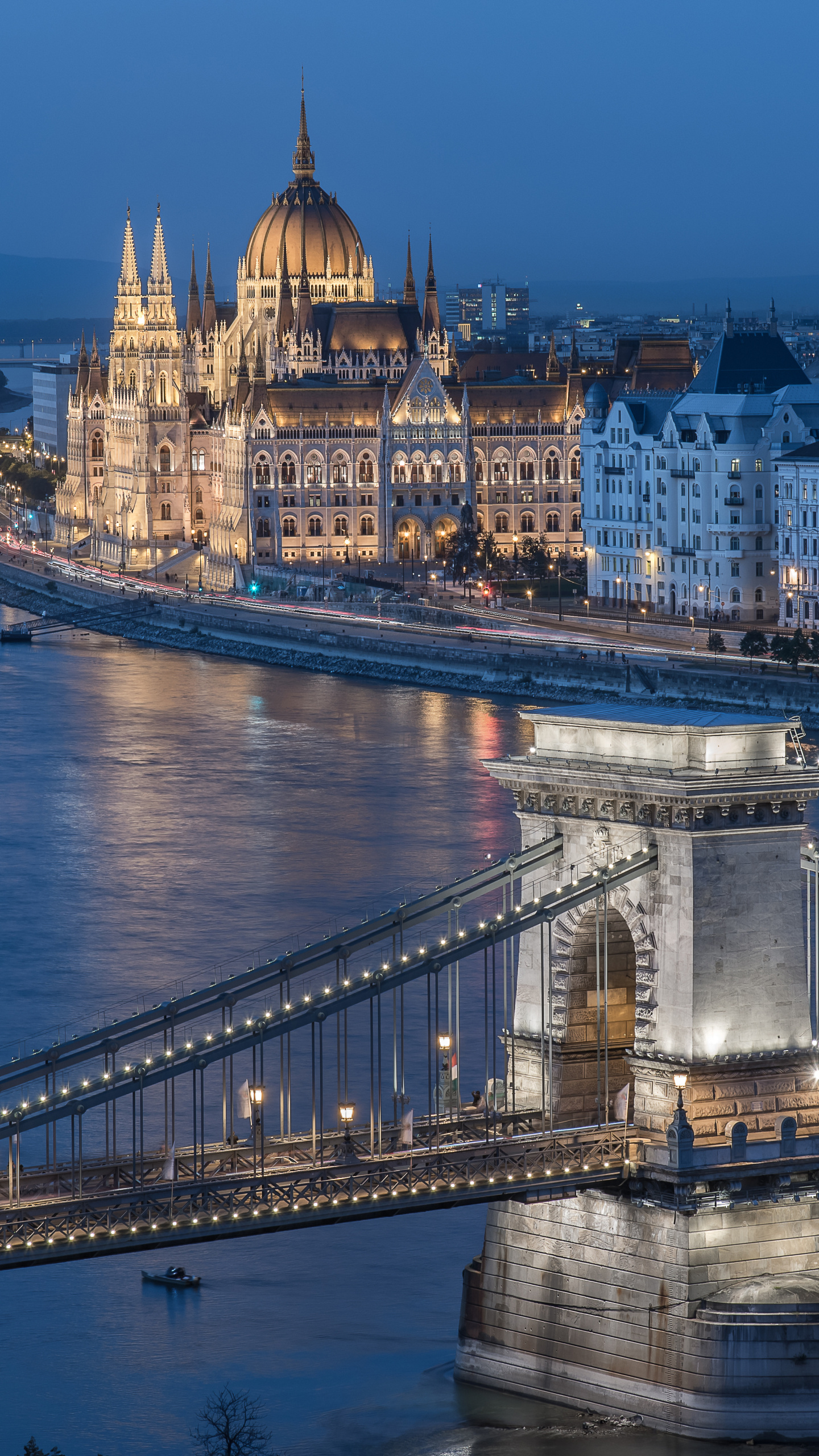 Hungary: Budapest is bisected by the River Danube, The 19th-century Chain Bridge. 1440x2560 HD Wallpaper.