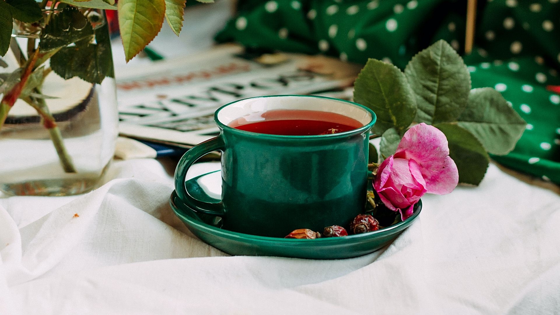 Tea: An aromatic herbal beverage, Caffeine-free, brewed using fresh or dried rose hips. 1920x1080 Full HD Wallpaper.