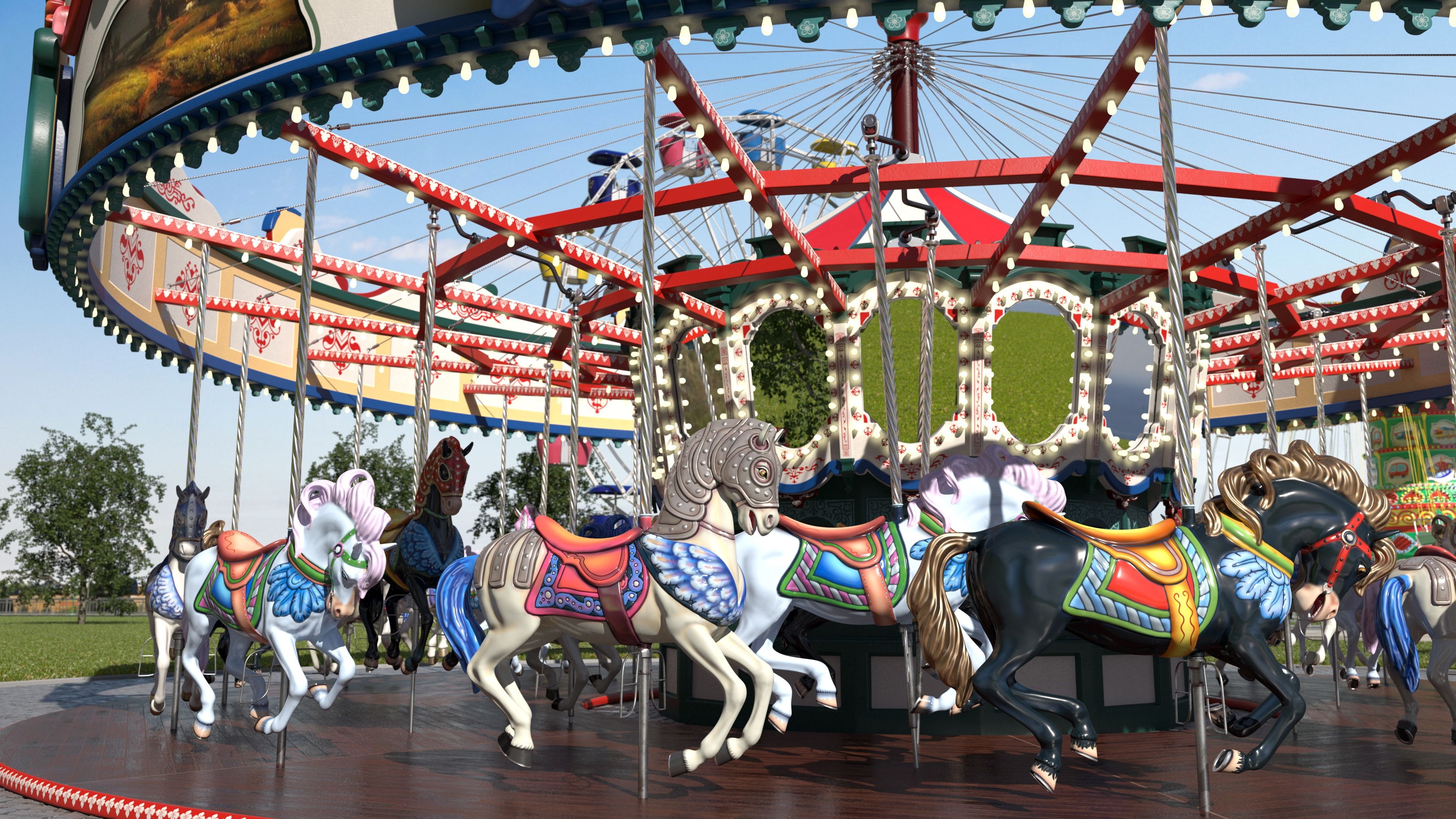 Amusement park carousel, 3D model, Architecture, Carousel horses, 3840x2160 4K Desktop
