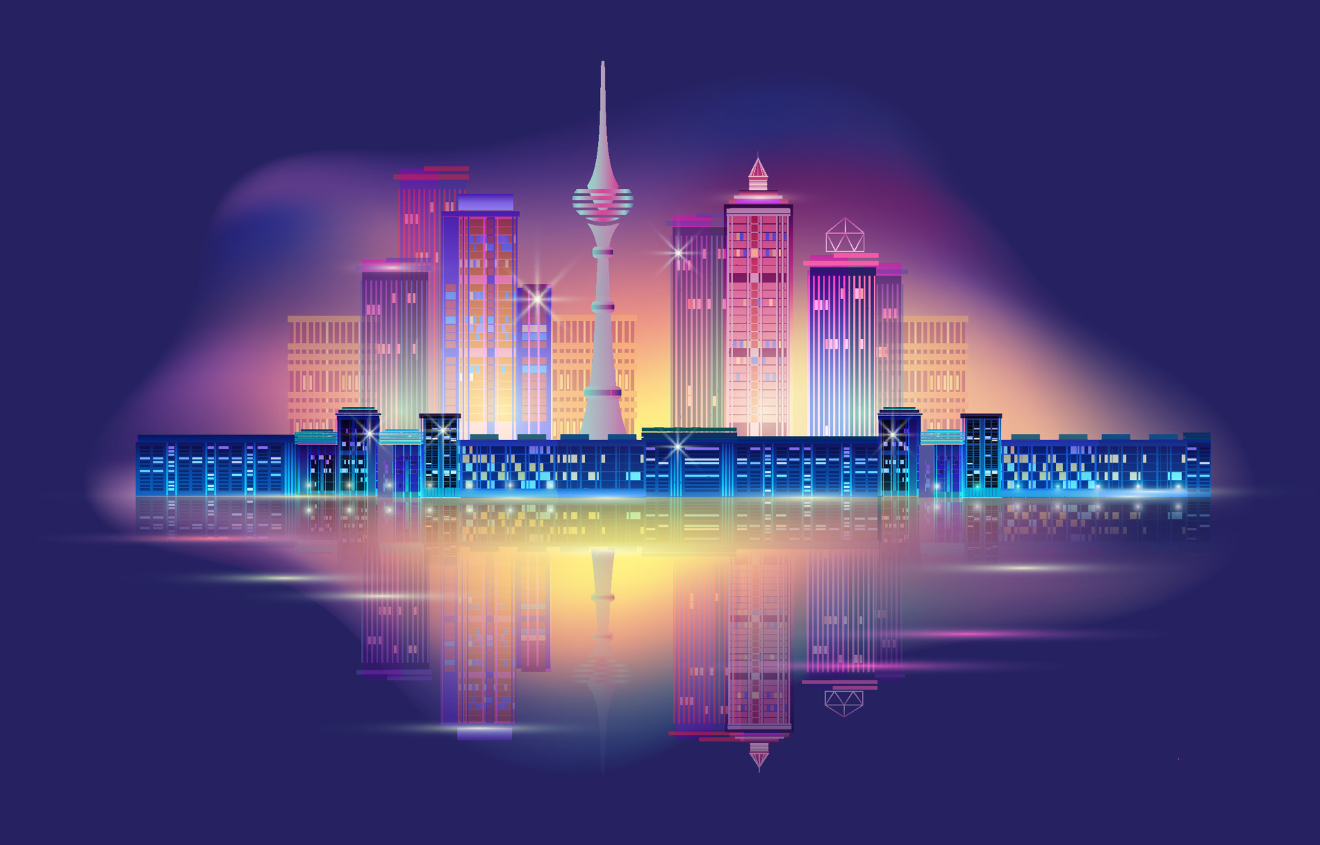 Neon Skyline, Night city panorama, Neon glow, Dark background, 1920x1230 HD Desktop