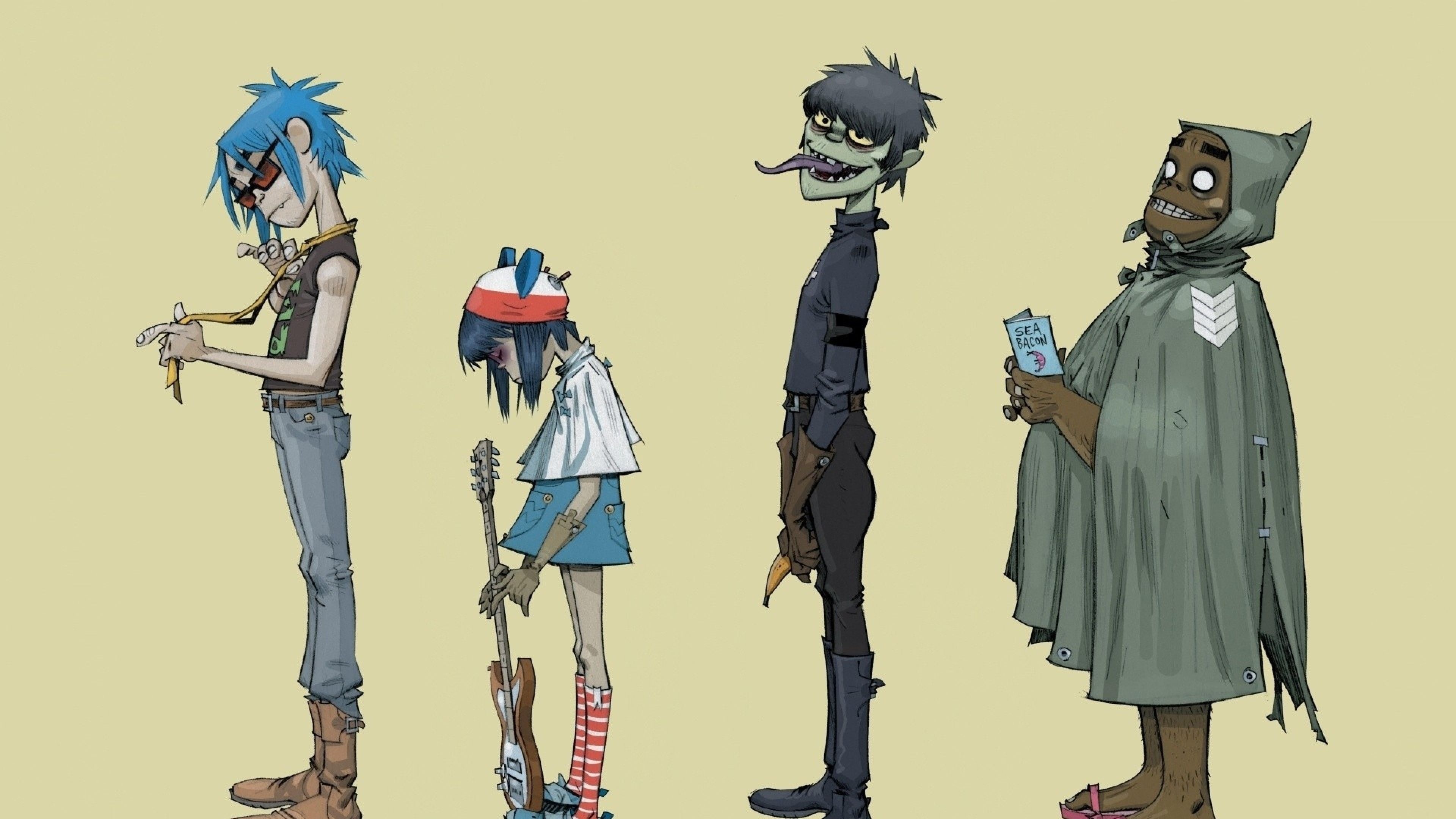 Gorillaz: An English virtual band formed, The members: Russel Hobbs, Murdoc Niccals, 2-D, and Noodle. 3840x2160 4K Background.