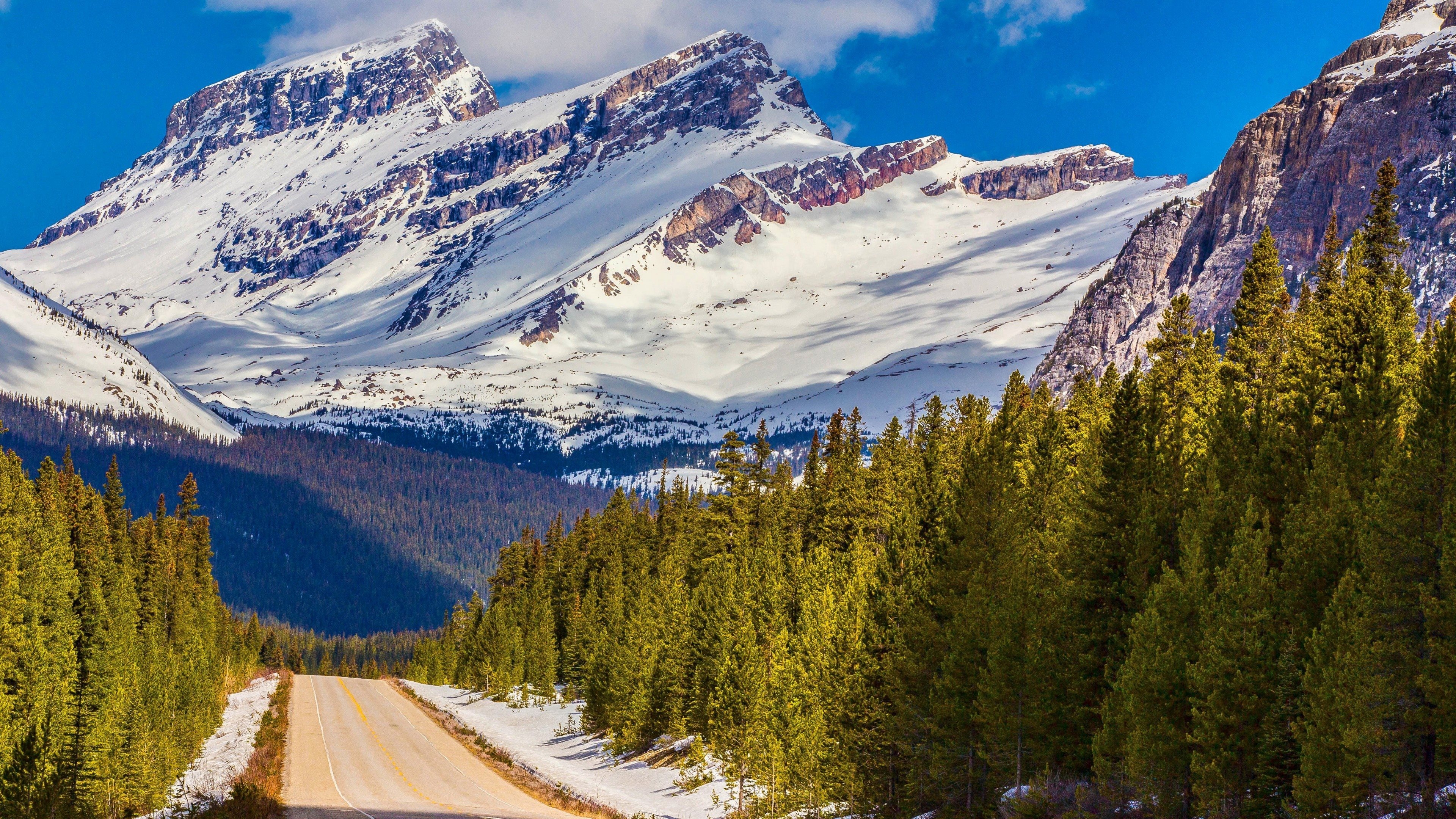 Canada: Banff National Park, Snow mountains, Alberta, Back roads. 3840x2160 4K Background.
