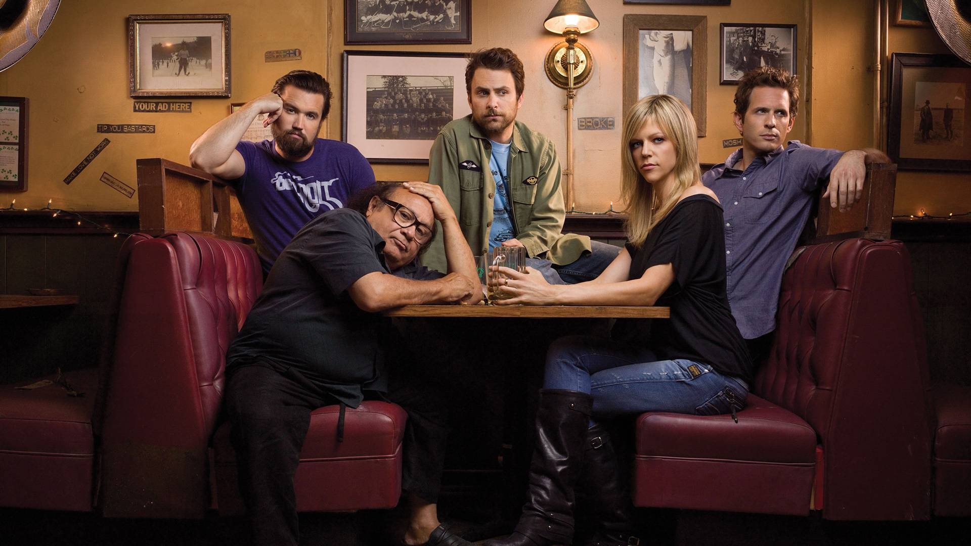 It's Always Sunny in Philadelphia (TV Series): Philadelphia, Five toxically co-dependent and selfishly motivated friends, A decrepit Irish bar owners. 1920x1080 Full HD Background.