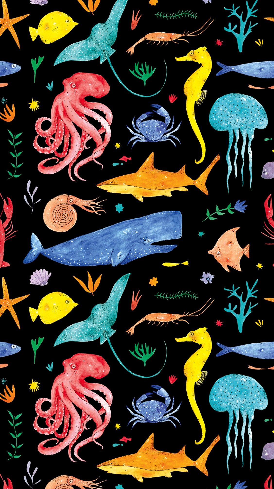 Colorful sea animal patterns, iPhone wallpapers, Vibrant backgrounds, Artistic displays, 1130x2010 HD Phone