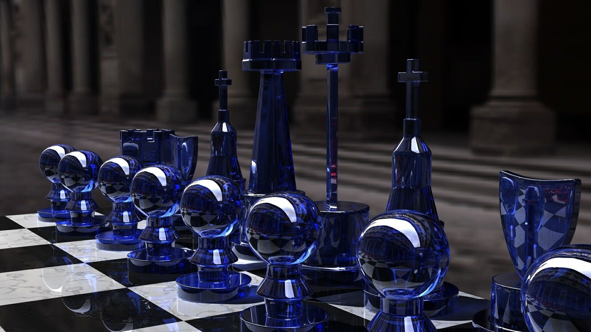 Glass: Chess board, Blue chess, The substance whose melting temperature from +300 to +2500 °C. 1920x1080 Full HD Wallpaper.