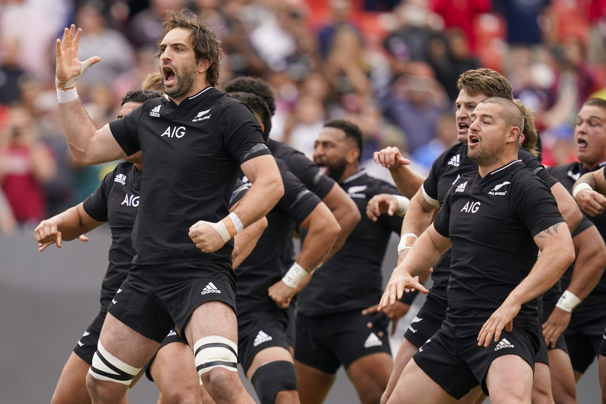 Haka: New Zealand's dance in honor of Sean Wainui, The jersey, sponsored by AIG. 2050x1370 HD Background.