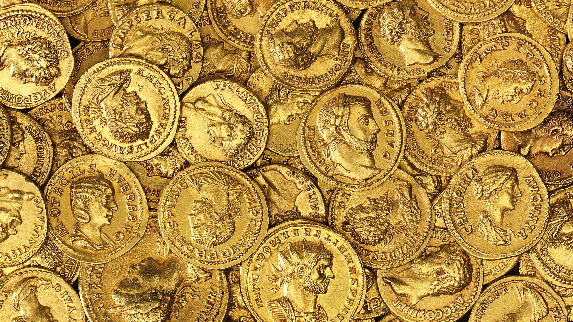 Gold Coins: Collectible coins with historic and aesthetic value to collectors, Numismatic value. 1920x1080 Full HD Background.