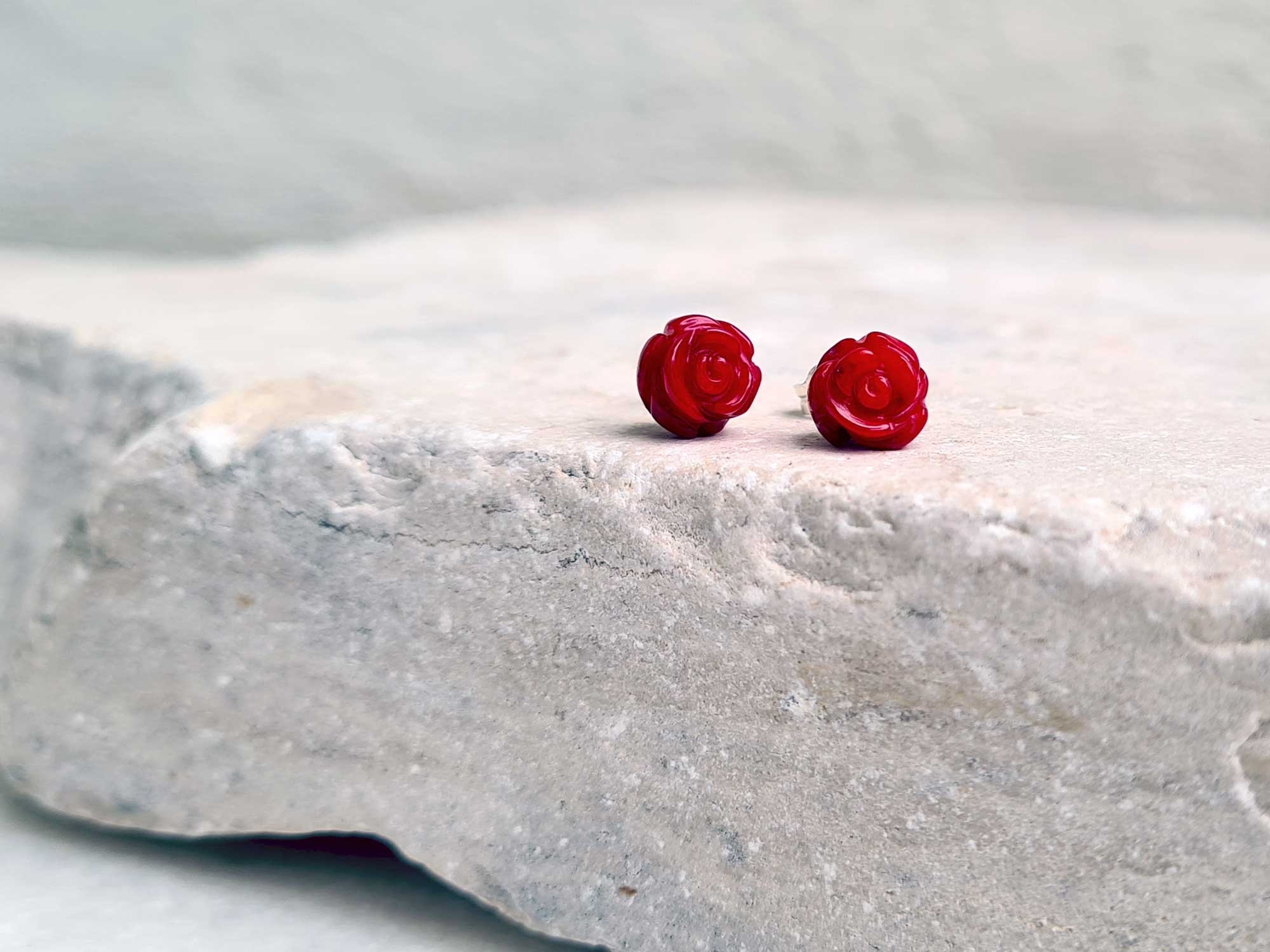 Tiny natural Red Coral stud earrings for women rose shape - JoyElly 2000x1500