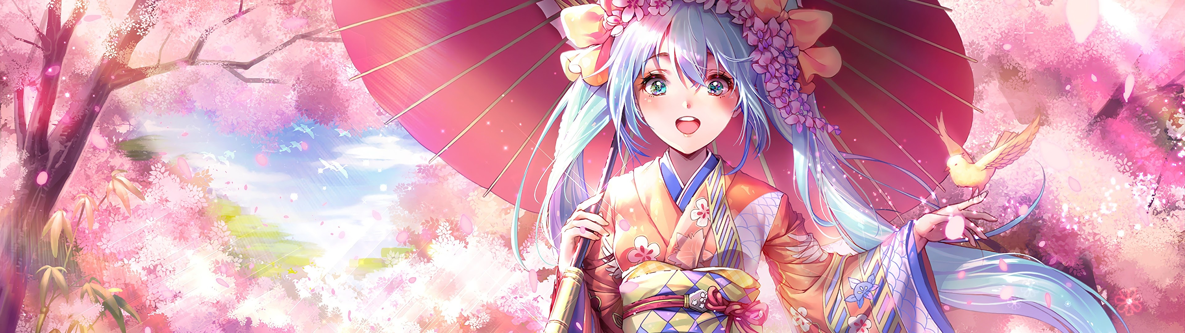 Anime girl kimono, Cherry blossom season, 4K iPhone wallpaper, Stunning visuals, 3840x1080 Dual Screen Desktop