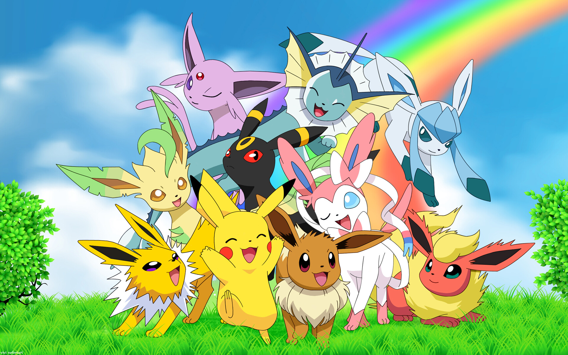 Glaceon: At the end of the rainbow, Variety of Pokemon, Sylveon, Vaporeon, Jolteon, Flareon, Umbreon, Leafeon, Pikachu. 1920x1200 HD Wallpaper.