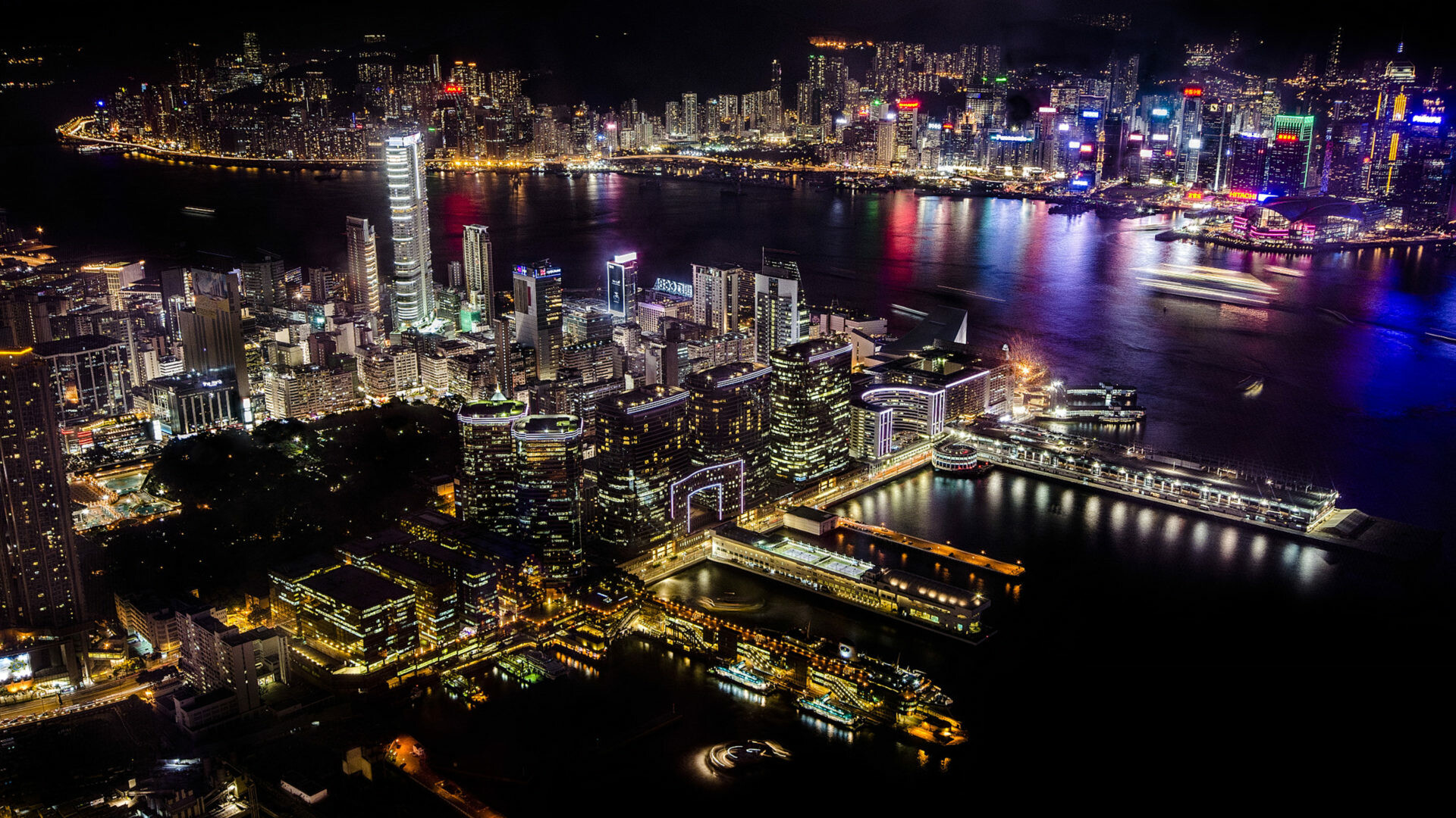 Hong Kong: Sky100, A 360-degree indoor observation deck, Night time, View from the air. 1920x1080 Full HD Background.