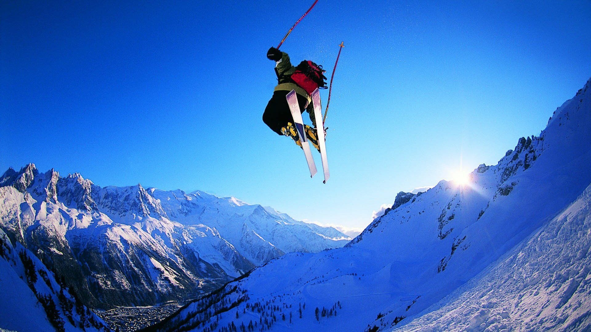 Alpine Skiing: Extreme winter sports, Downhill, Cross-country distance, Freestyle, Ski jumping. 1920x1080 Full HD Background.