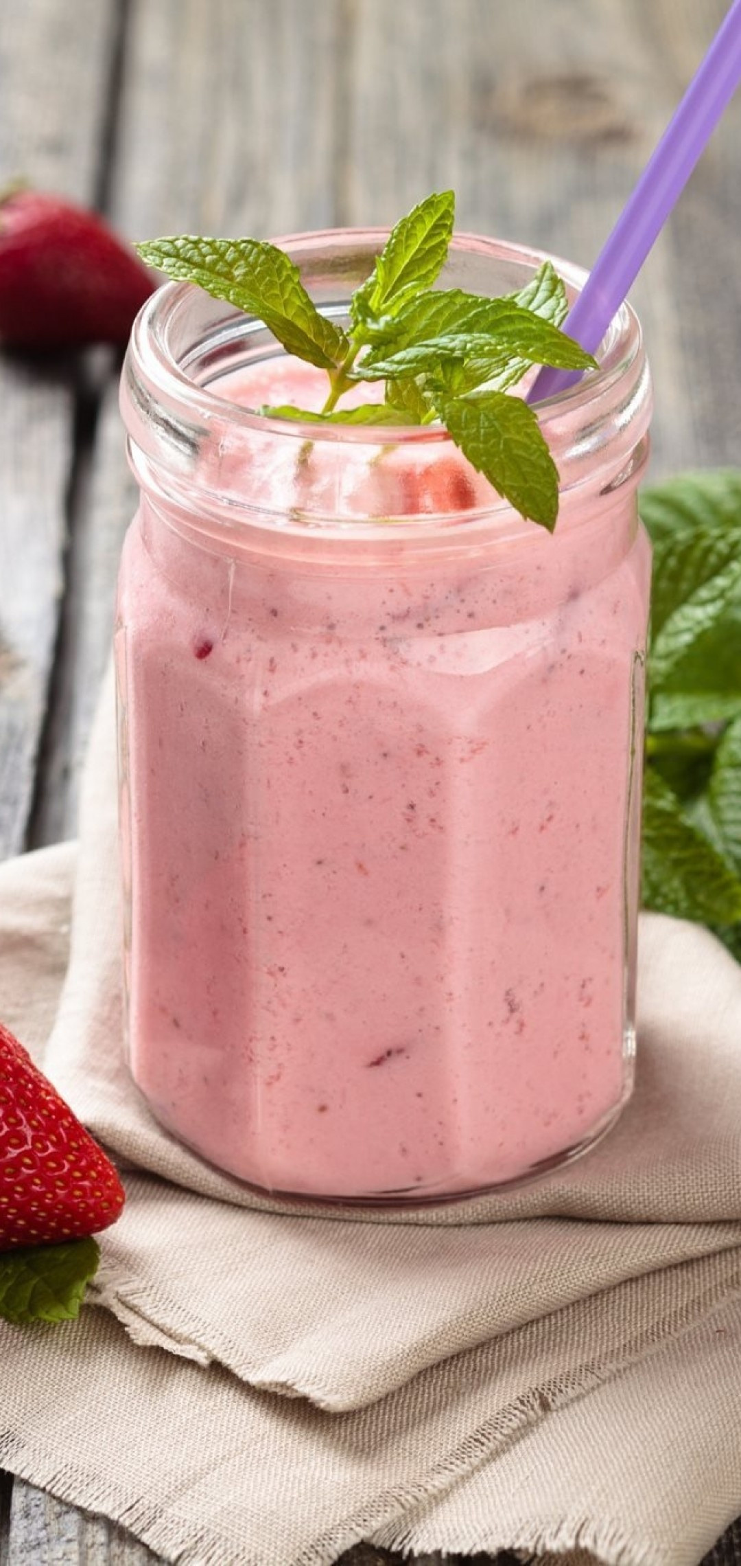 Milkshake: Strawberry shake, A combination of mil, ice-cream, the sliced strawberries, sugar and vanilla. 1080x2280 HD Background.