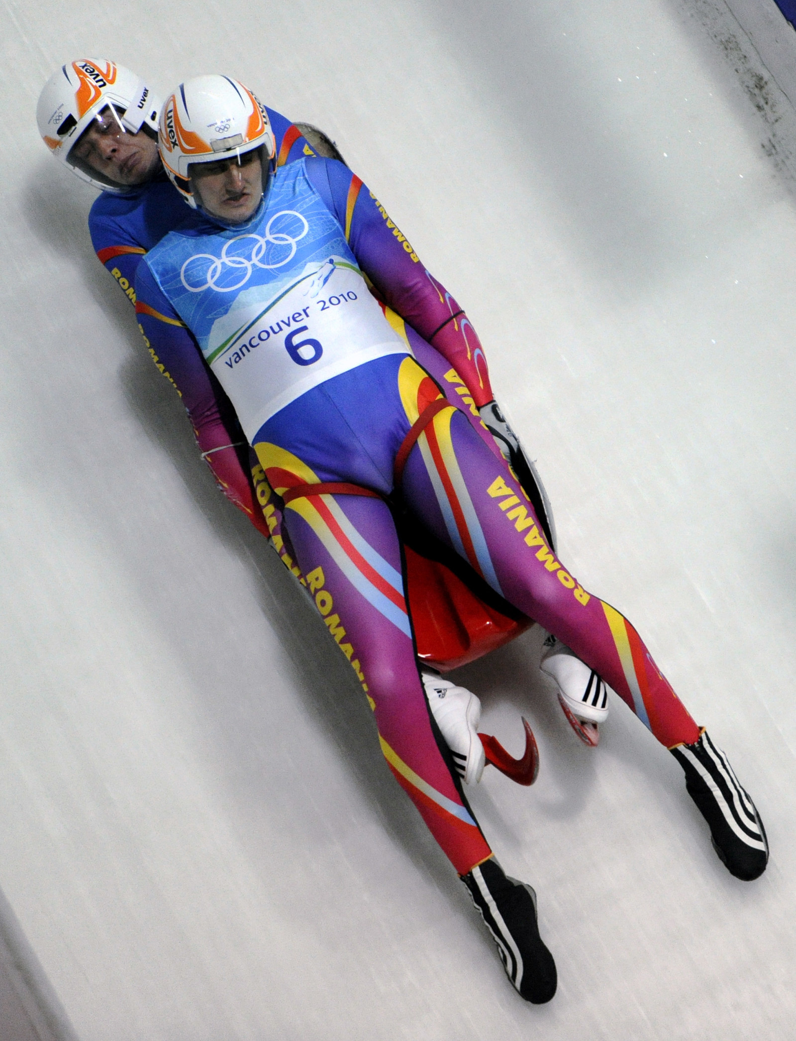 Luge: Paul Ifrim and Andrei Anghel of Romania during the men's doubles event at the 2010 Winter Olympics. 1600x2100 HD Background.
