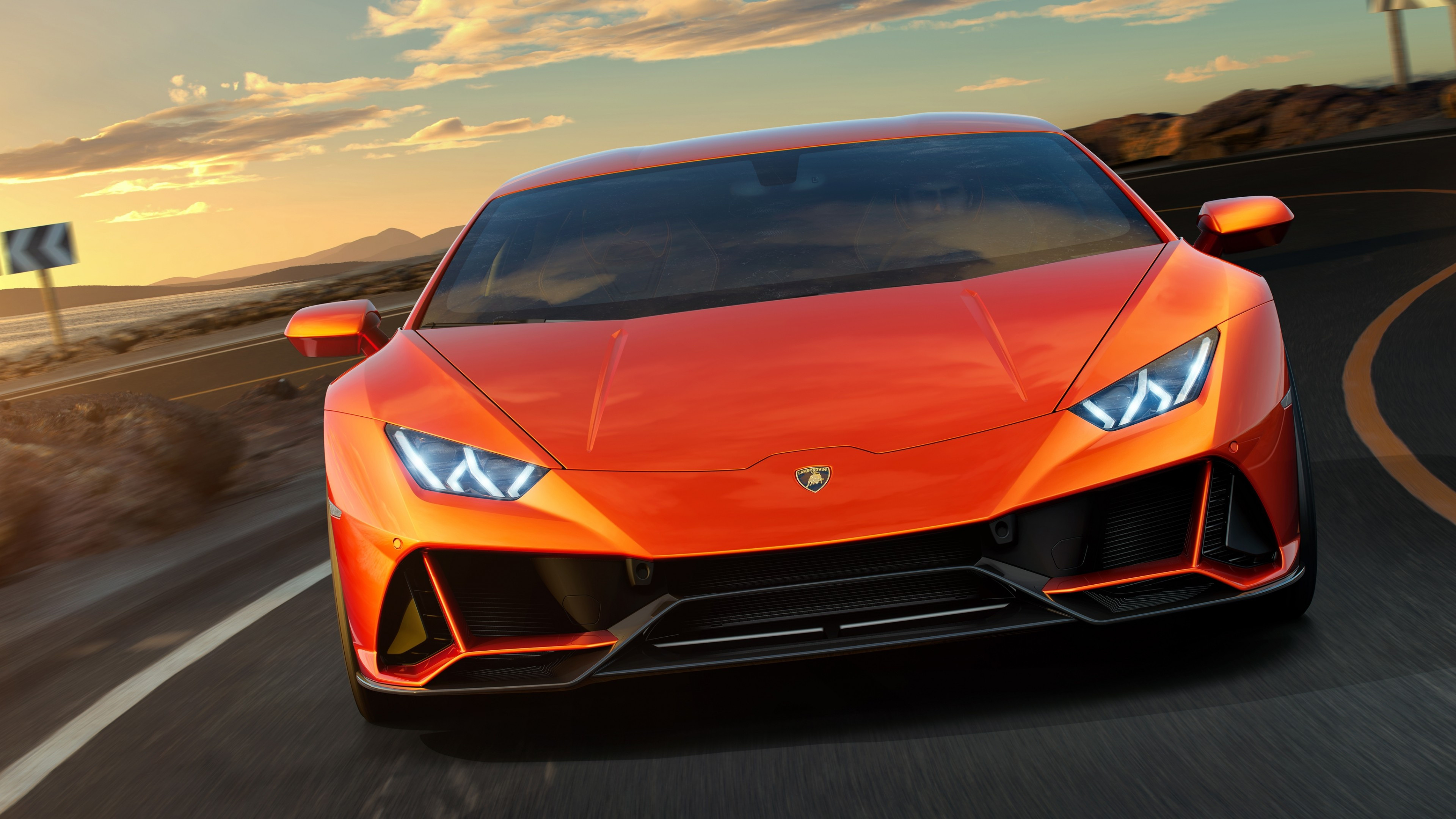 Lamborghini Huracan Evo Orange Supercars, Road view, 3840x2160 4K Desktop