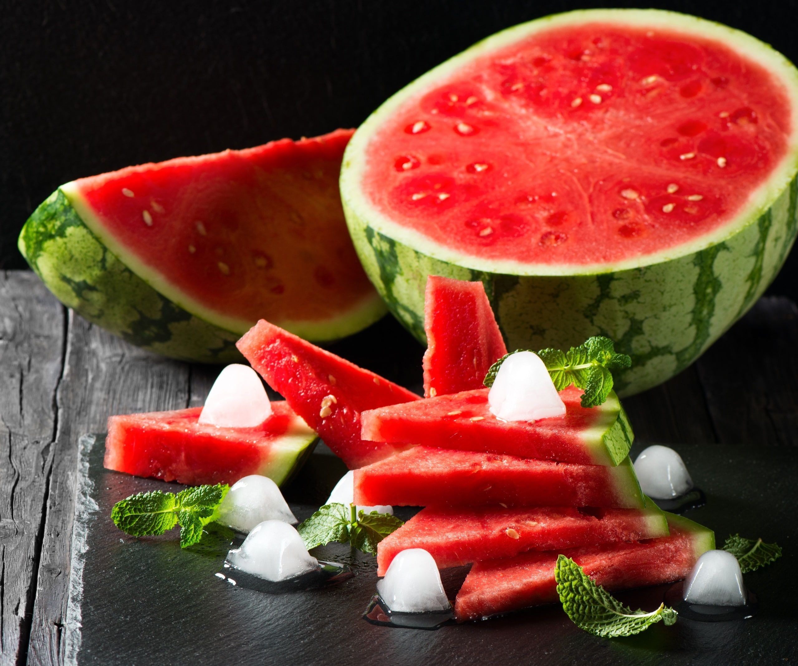 Watermelon: Food, Watermelons, Ice cubes, Mint leaves. 2560x2140 HD Background.