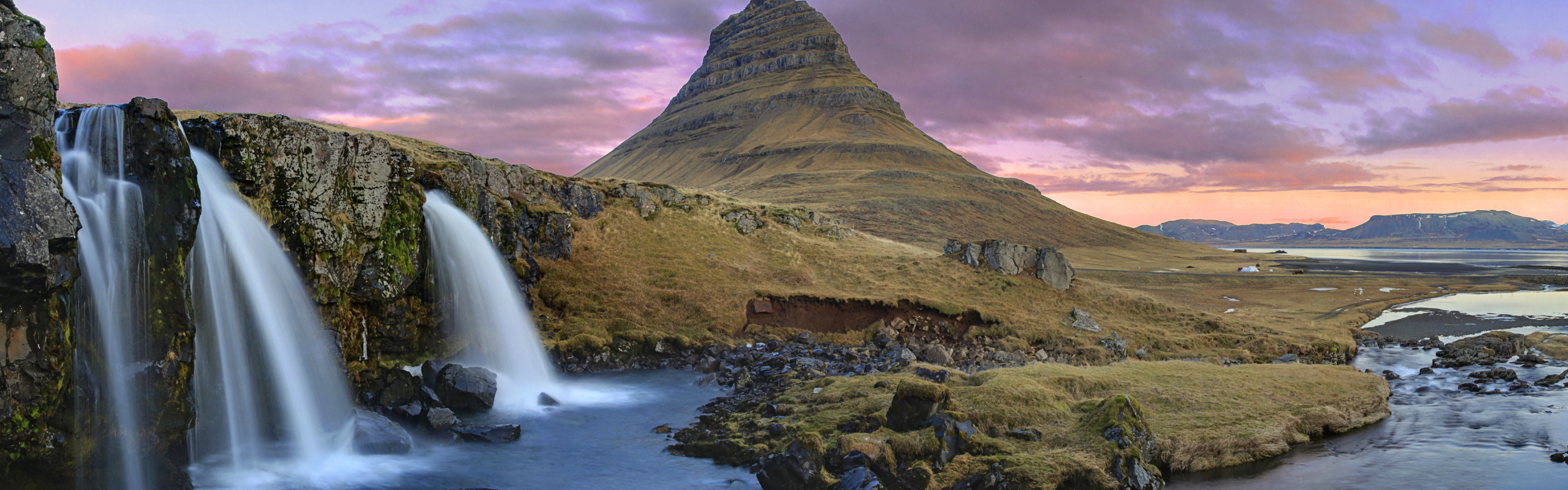 Landscape: The Kirkjufell mountain, The north coast of Iceland's Snaefellsnes peninsula. 3840x1200 Dual Screen Background.