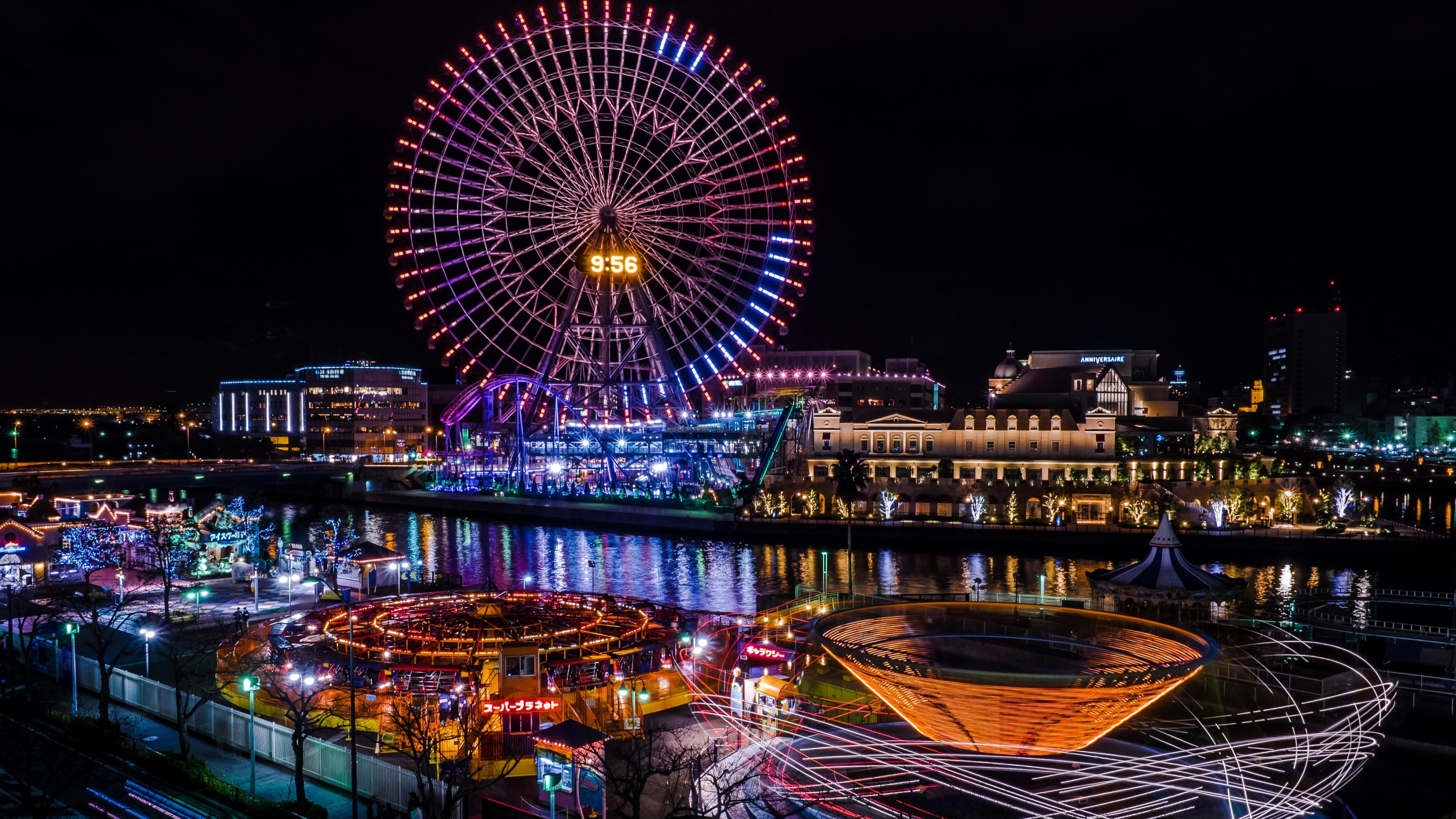 Amusement Park: Yokohama Cosmo World, Japan, Ferris wheel, Bayern Kurve. 3840x2160 4K Wallpaper.