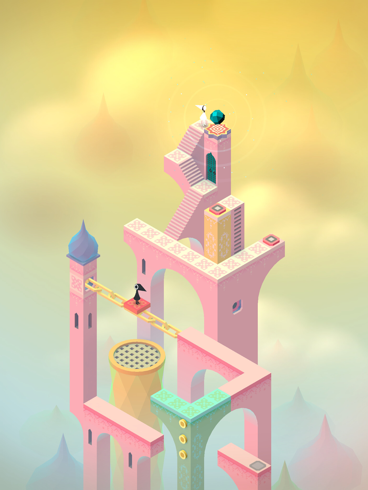 Monument Valley: The game is presented in isometric view, and the player interacts with the environment to find hidden passages as Ida progresses to the map's exit. 1540x2050 HD Background.