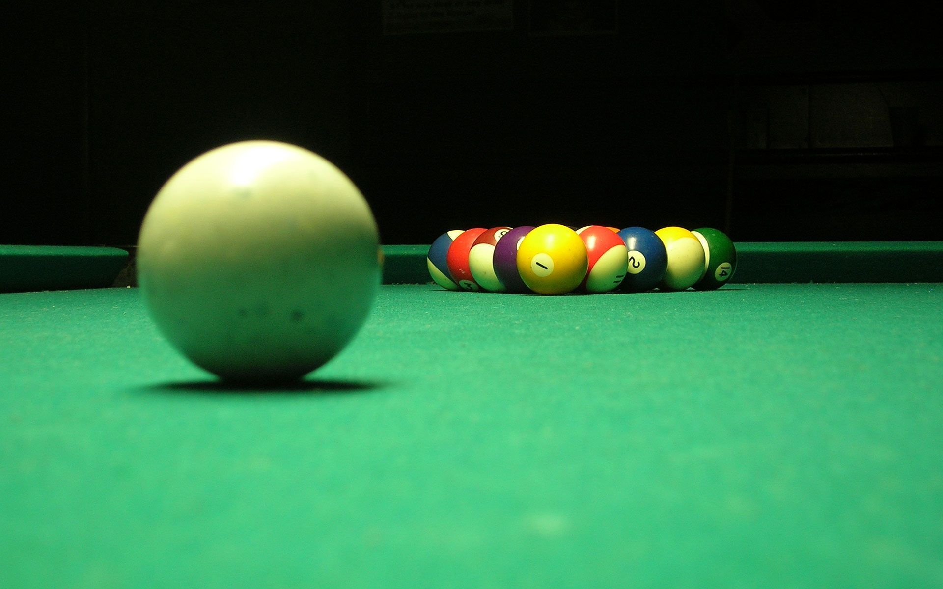 Billiards: Classic eight-ball, Seven solid-colored balls, seven striped balls, and the black 8 ball, Baize. 1920x1200 HD Wallpaper.