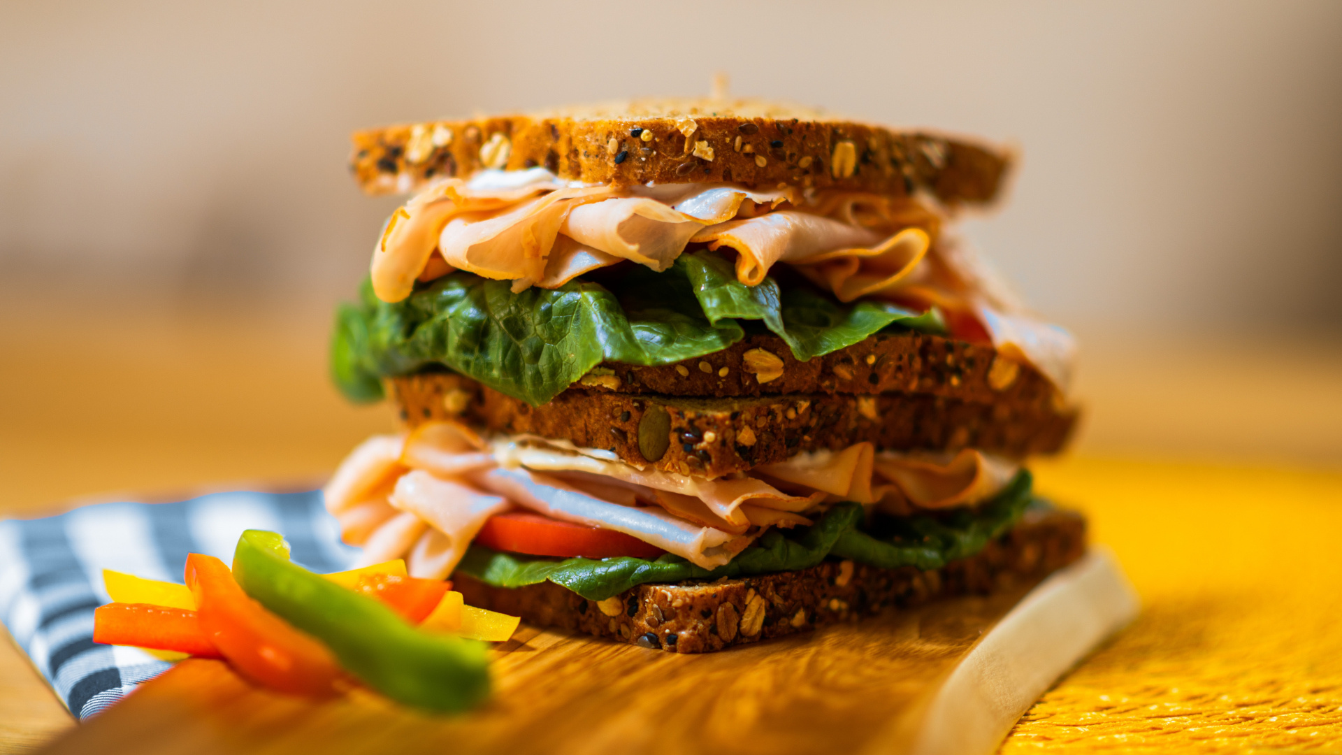 Sandwich: Served warm after grilling or toasting, Turkey, Bell pepper. 1920x1080 Full HD Wallpaper.
