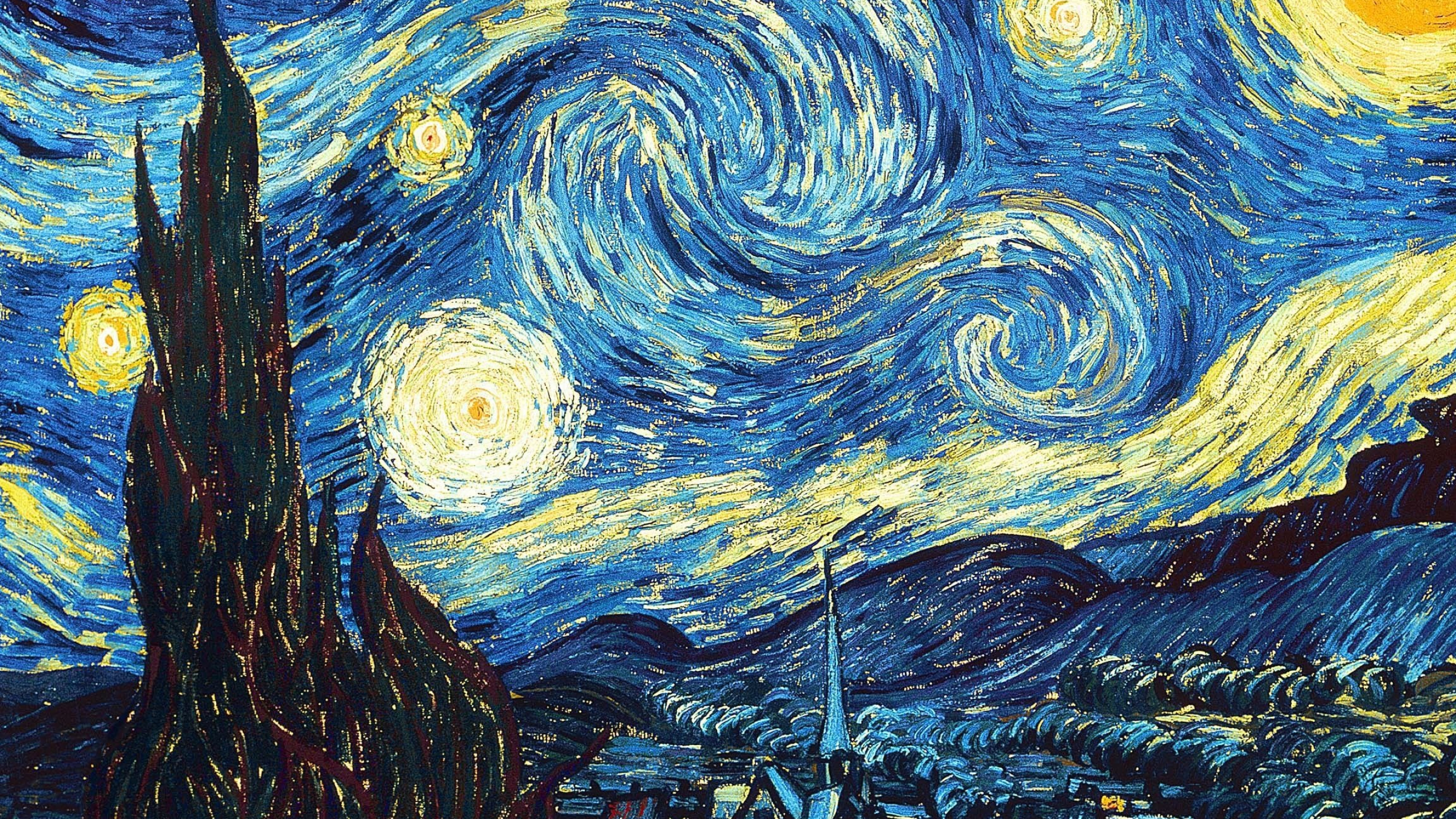 The Starry Night, Vincent van Gogh, night sky, swirling patterns, 2560x1440 HD Desktop