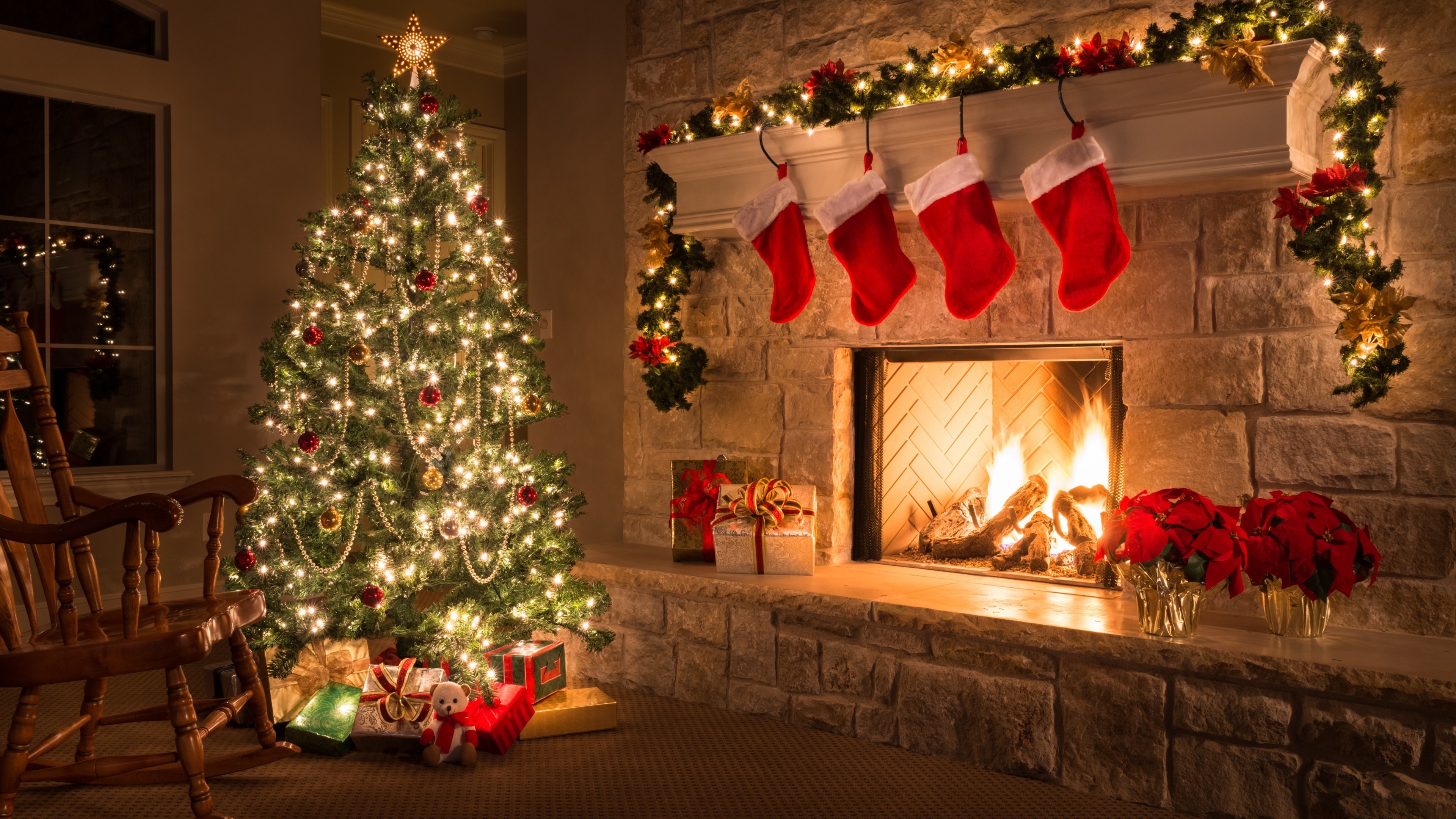 Fireplace: Christmas, Chimney, Decorations, Fireside comfort. 3840x2160 4K Wallpaper.