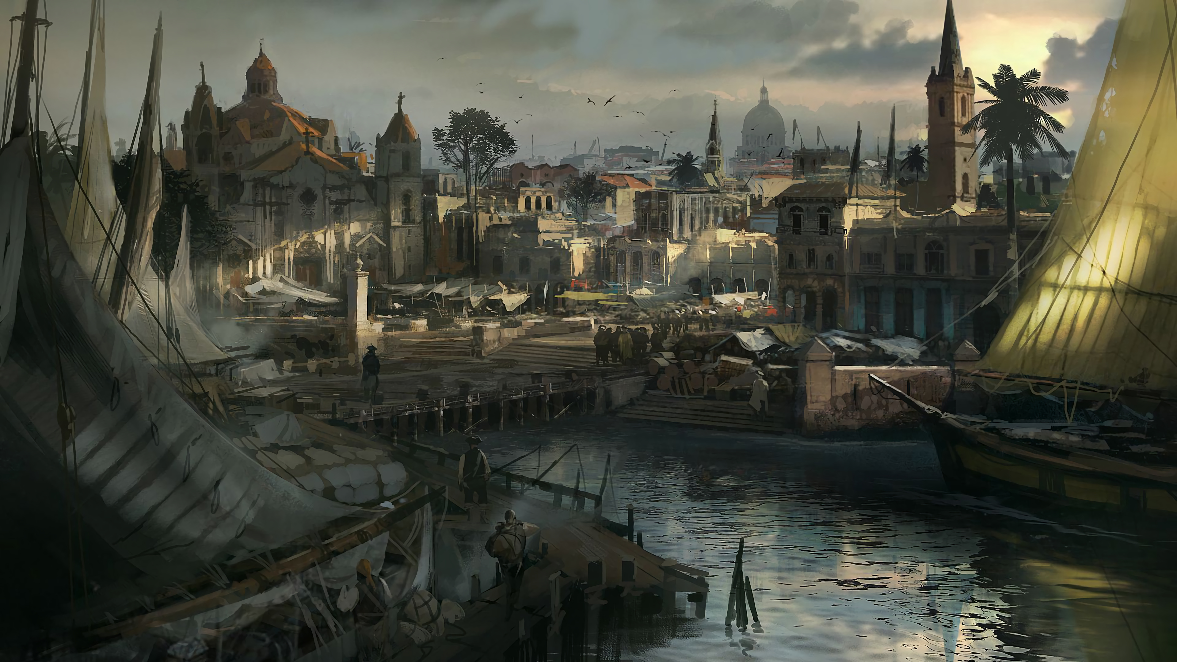 Cityscape ambiance, Ancient ports, Historic waterways, Ghostly ships, 3840x2160 4K Desktop