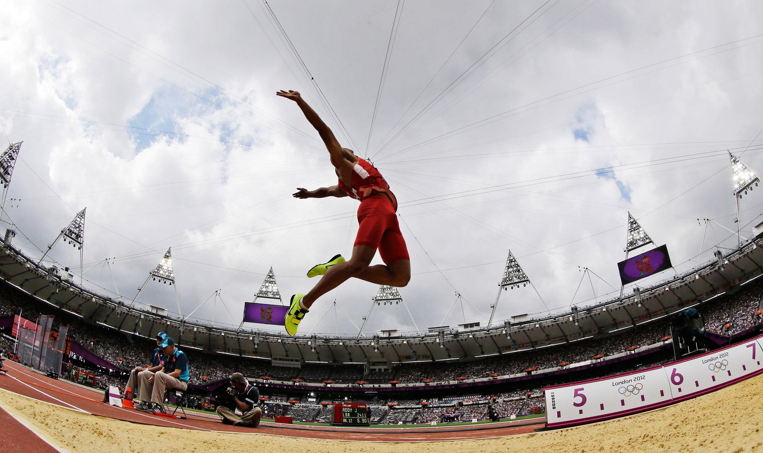 Long Jump: London 2012 Summer Olympics, A competition that involves leaping as far as possible from a running start. 2500x1490 HD Background.