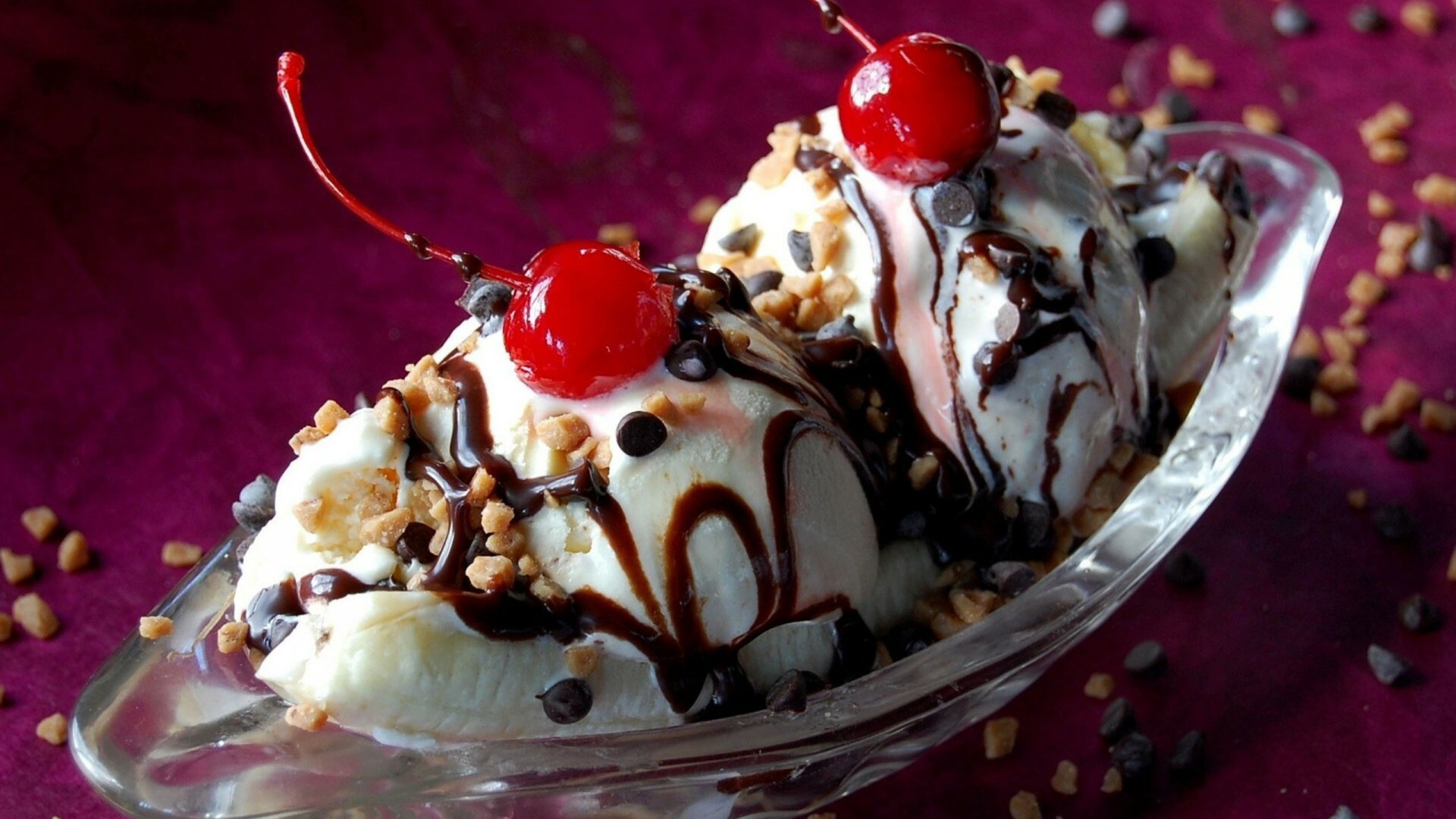 Ice Cream: Banana Split, Frozen dessert, Summer food, Cherries. 1920x1080 Full HD Background.